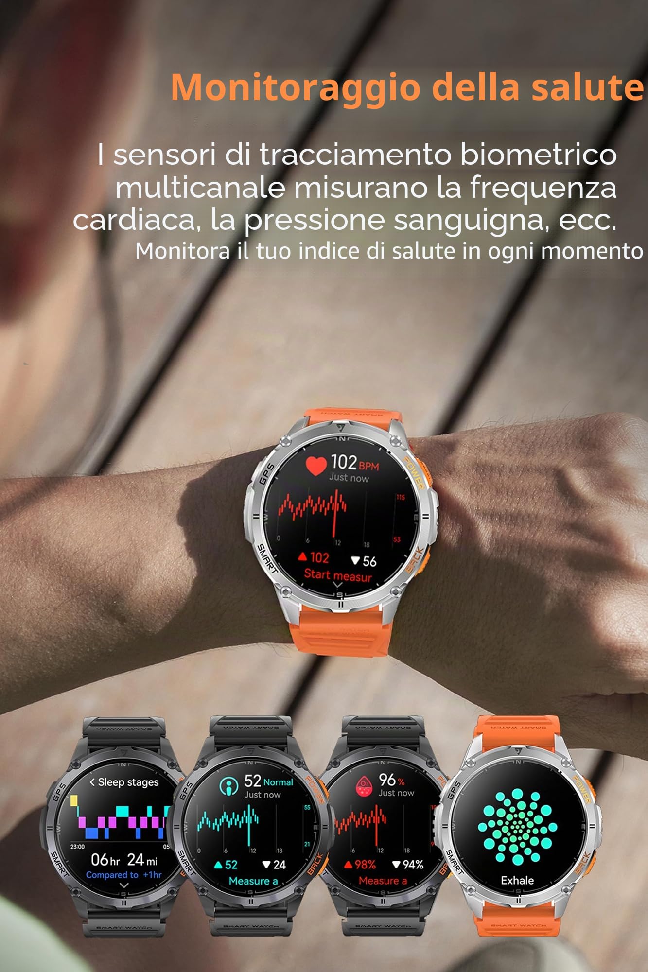 Orologio GPS da uomo, militare, sportivo, con bussola, altimetro, barometro, orologio da fitness, frequenza cardiaca, pressione sanguigna, contapassi, orologio da corsa all'aperto, torcia a LED