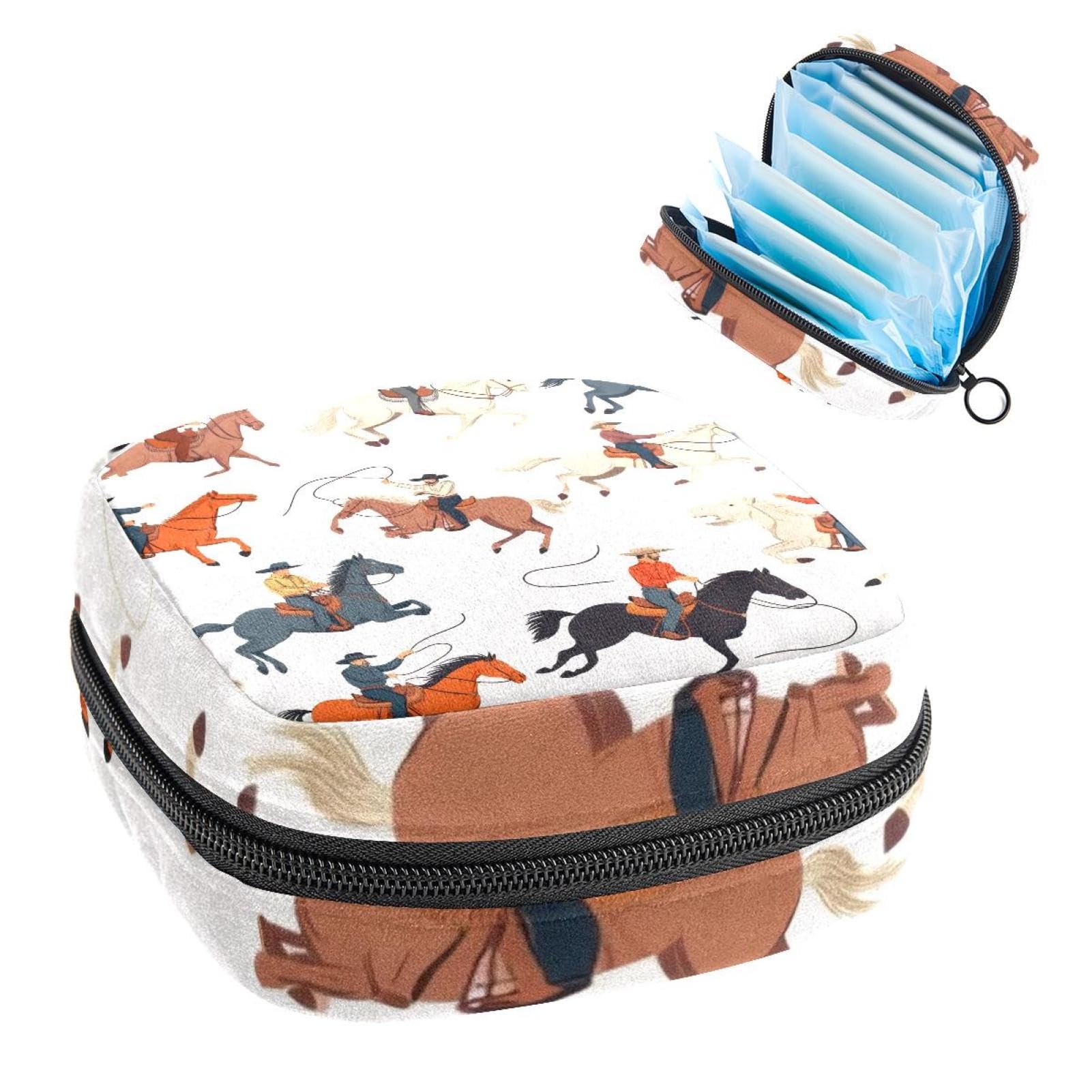 Sanitary Napkin Storage Bag for Women Cute, Feminine Menstruation Pad Holder for Period, Portable Zipper Menstrual Pad Bags Western Wild Cowboys Men with Horses