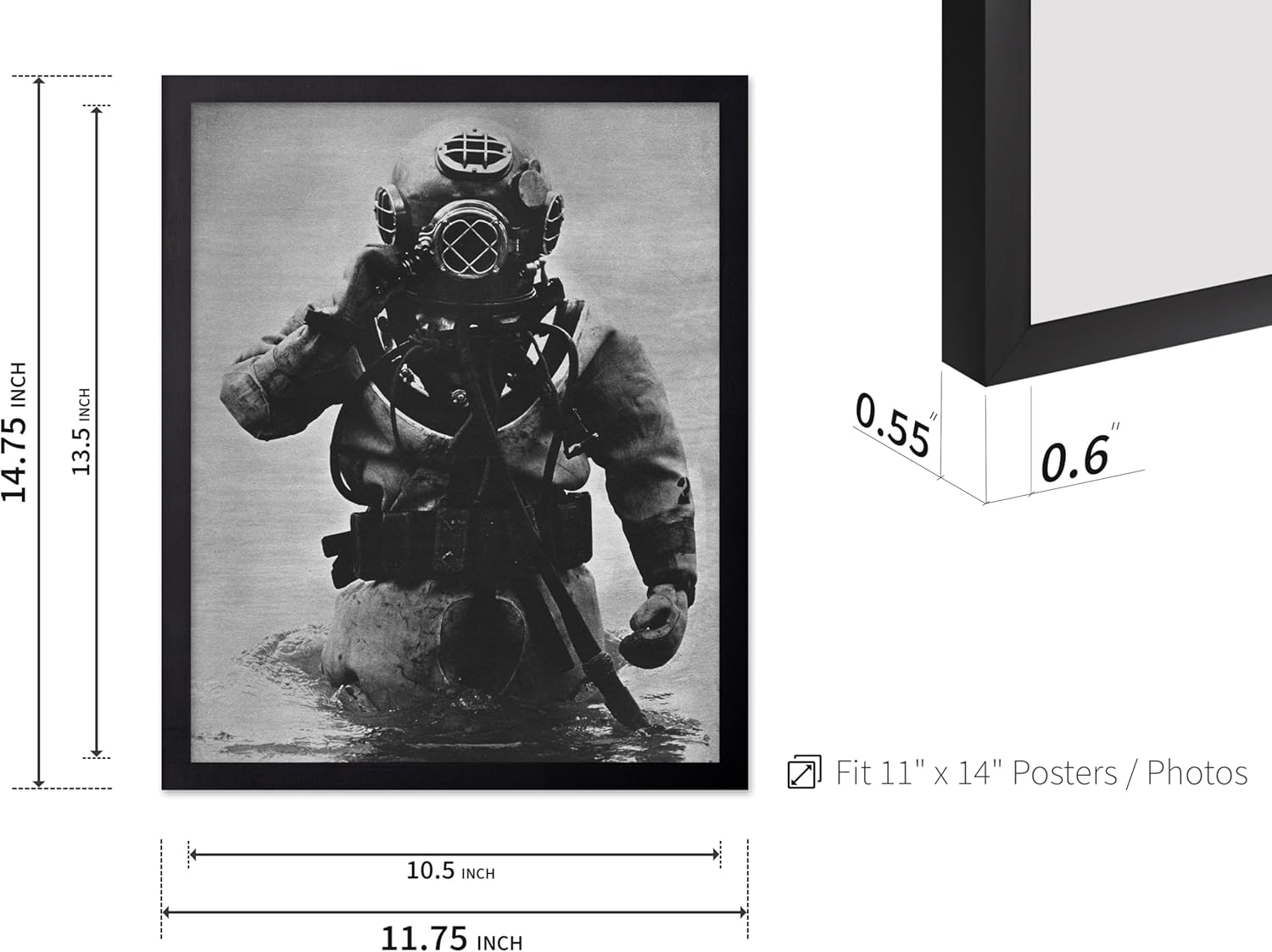 Poster Master Vintage Scuba Diver Poster - Retro Scuba Diver Photograph Print - Steampunk Art - Coastal Gift for Men, Women, Diver - Great Wall Decor for Bedroom, Living Room, 11x14 Black Framed