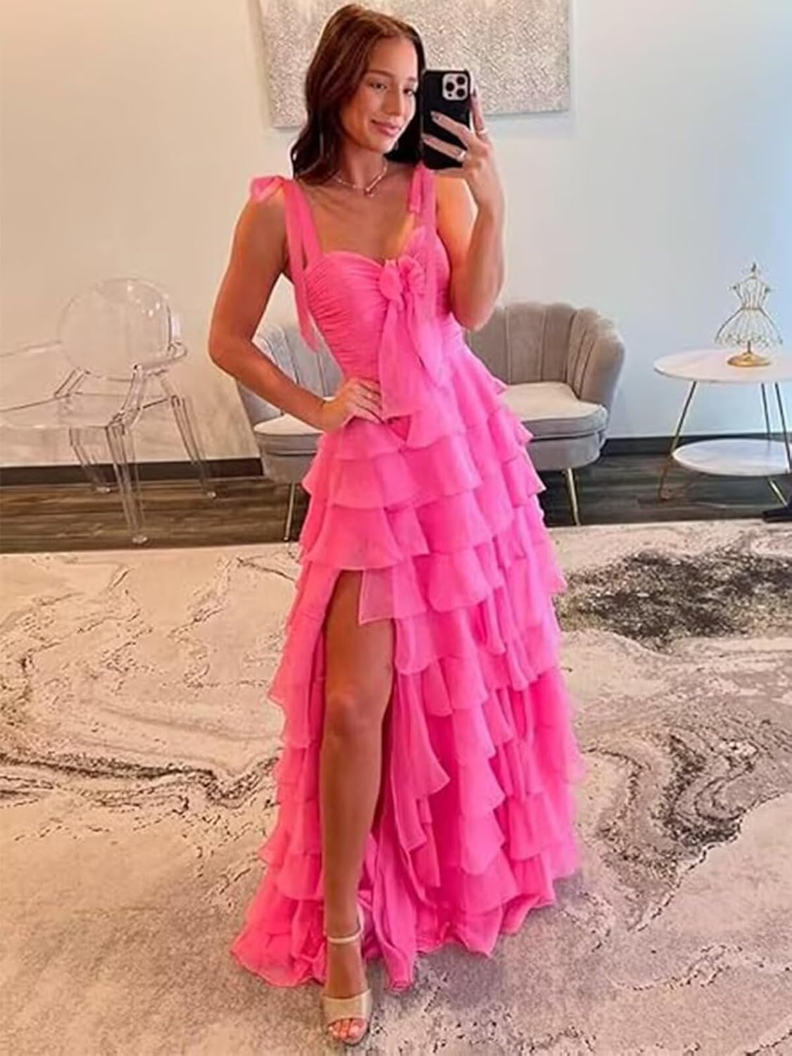 Tiered Ruffle Prom Dresses Bowknot Spaghetti Straps A Line Long Chiffon Formal Ball Gowns with Slit