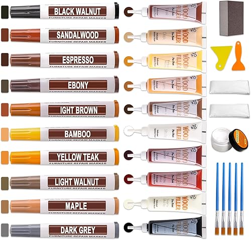Kit de reparación de muebles de madera, 10 colores de rellenos de madera y marcadores de retoque de muebles con masilla de madera, restaura