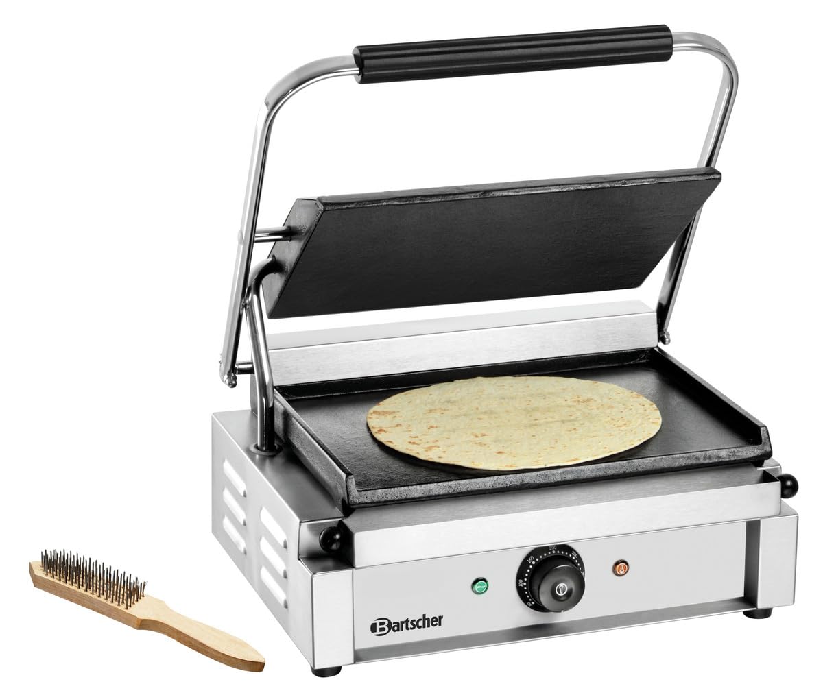 Bartscher Kontaktgrill Panini 1G – elektrischer Grill mit glatter Gusseisenplatte, 230 V, 2,2 kW, für Gastronomie, silbergrau, inkl. Reinigungsbürste