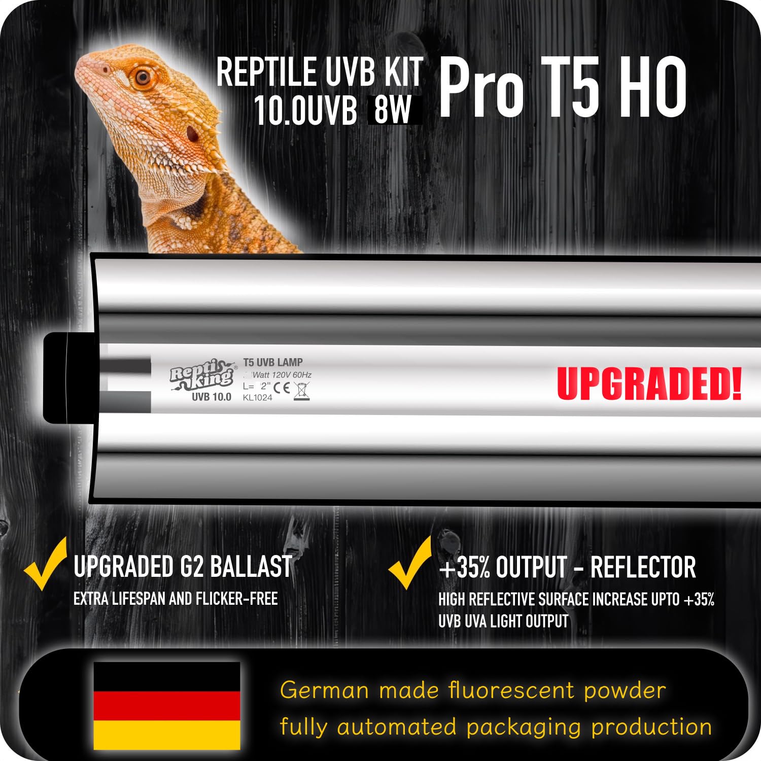 Upgraded T5 UVB Reptile Light, 10.0 UVB 8W German Made Fluorescent Lamp and Fixture Kit, for Desert-Dwelling Reptiles, Bearded Dragon,Tortoise, Snake, Strip Linear UVB Lamp Bulb,12 Inch - image 5