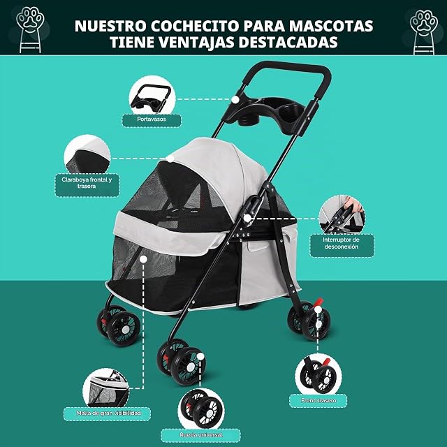 Foto 4 de 8 de Cochecito para perros y gatos con portavasos, cochecitos plegables para perros pequeños, cochecitos medianos