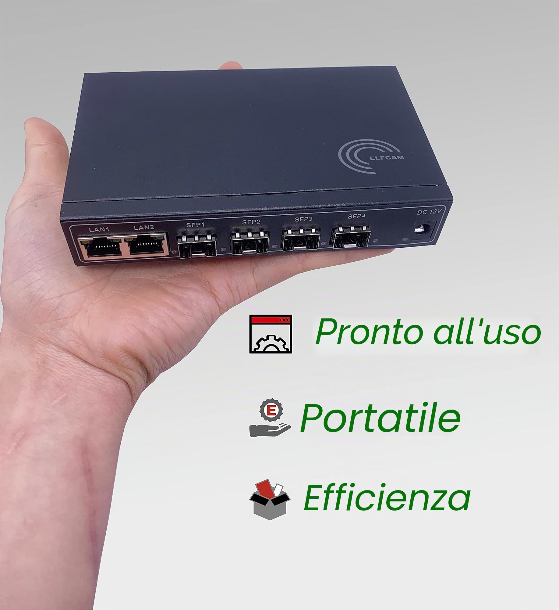 Elfcam® - Gigabit Switch con 4 x 1,25 Gigabit SFP Porte, 2 x 1,25 Gigabit Ethernet Porte ( RJ45 Ports 10M/100M/1000M ) , Plug & Play, Unmanaged ( 4 Porte SFP )