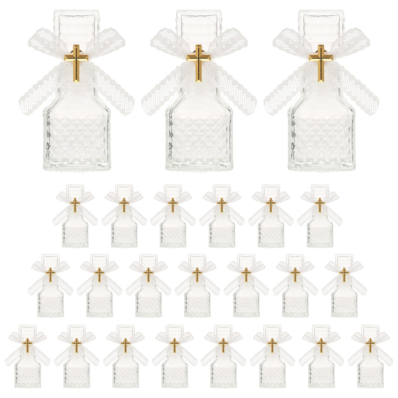 Rainmae 24 Sets Holy Bottle Baptism Favors with Cross Rosary 50ml Empty Glass Holy Container Bow Water Bottle for Guests Baptism Gifts Church Christian Wedding Baptism Favors