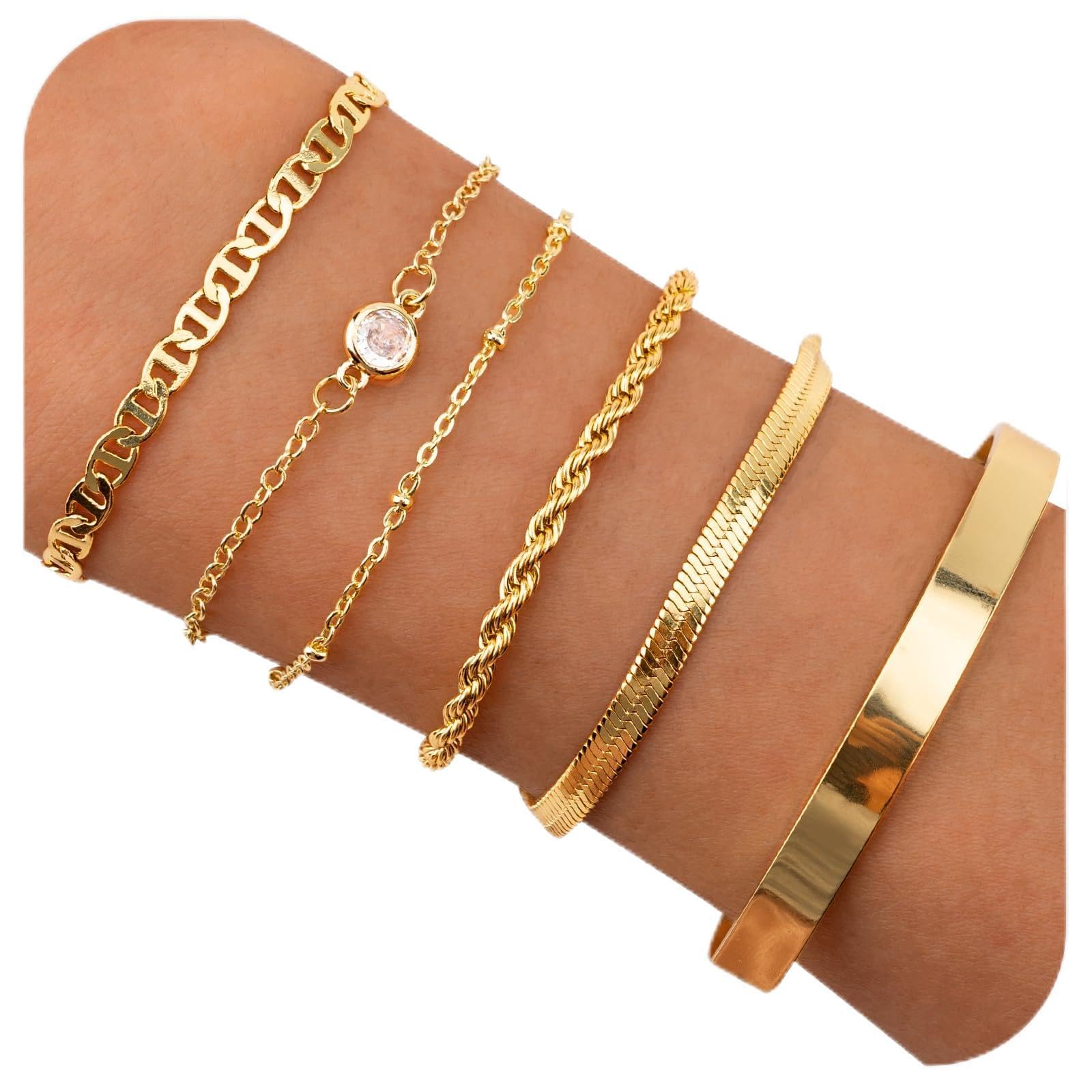 6Pcs Gold Bracelet for Women, 14K Gold Plated Stacking Bracelets Rope Cuban Figaro Herringbone Bead Chain Bracelets Adjustable CZ Link Gold Bracelet Set for Women Girls
