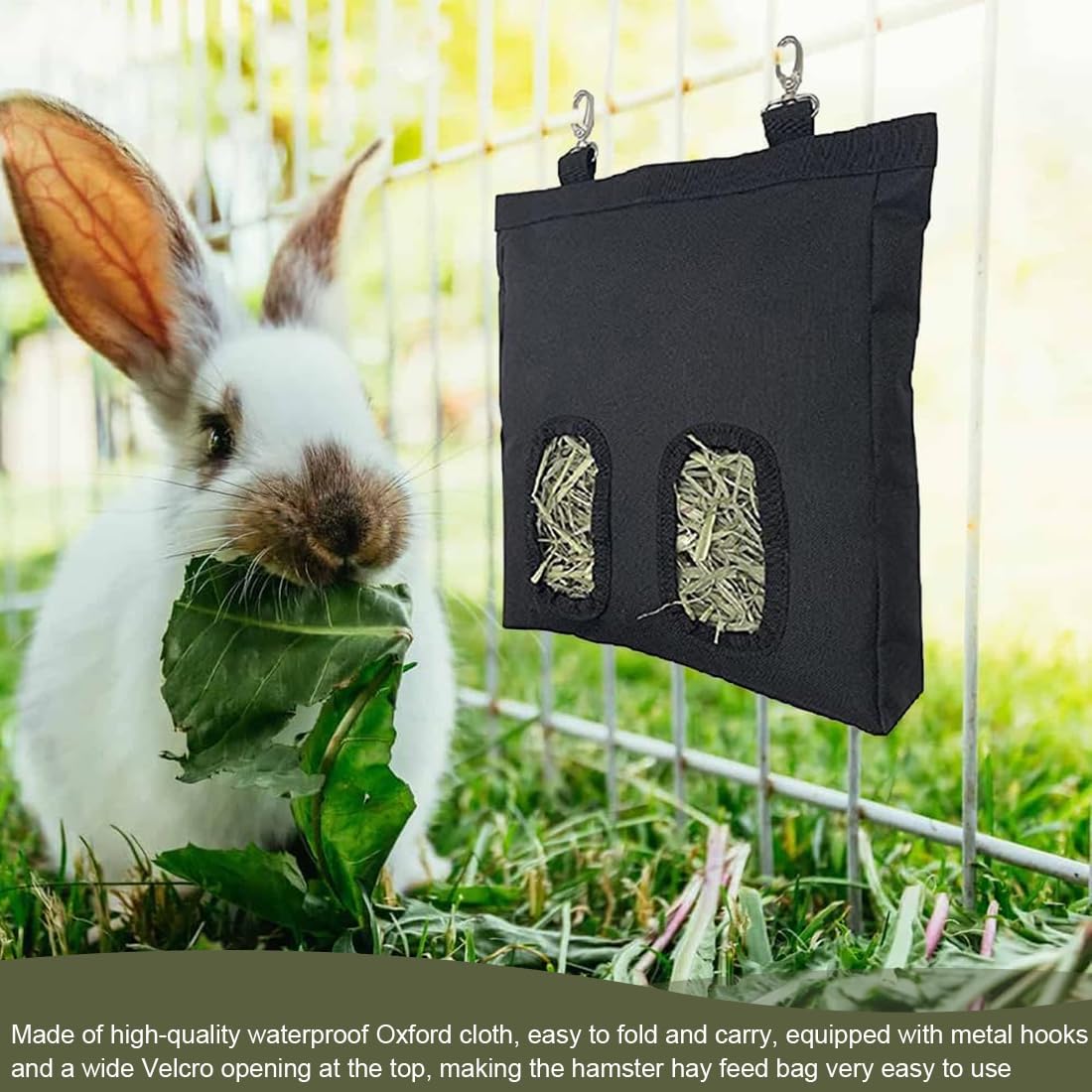 Sac à Foin pour Lapin, Distributeur de Foin Automatique Suspendu avec 4 Fenêtres, Noir