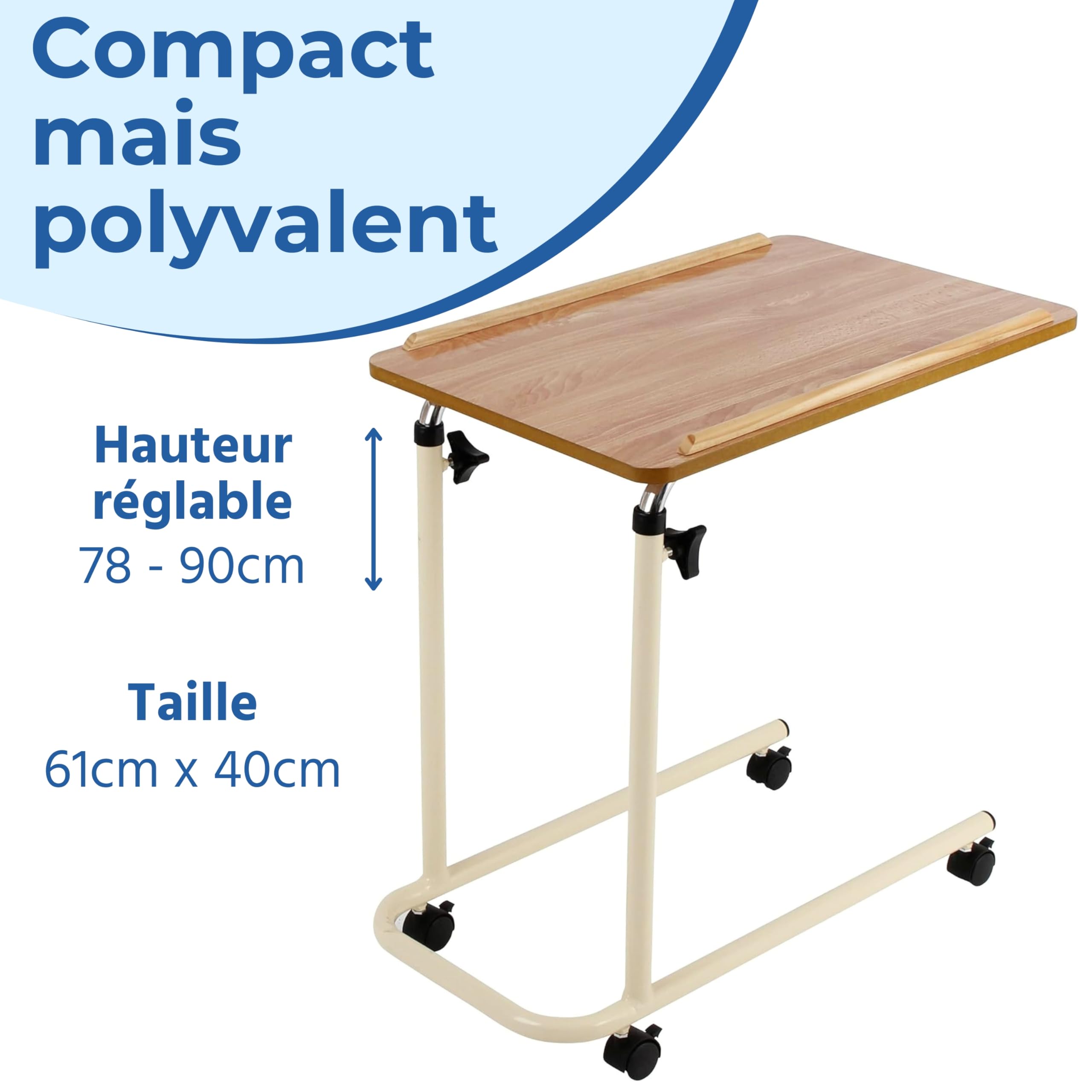 Days Overbed Table with Castors, Laptop Desk with Wheels, Bedside Table, Study Desk, Fully Adjustable Height and Angle, Laminated Top, Flat Packed