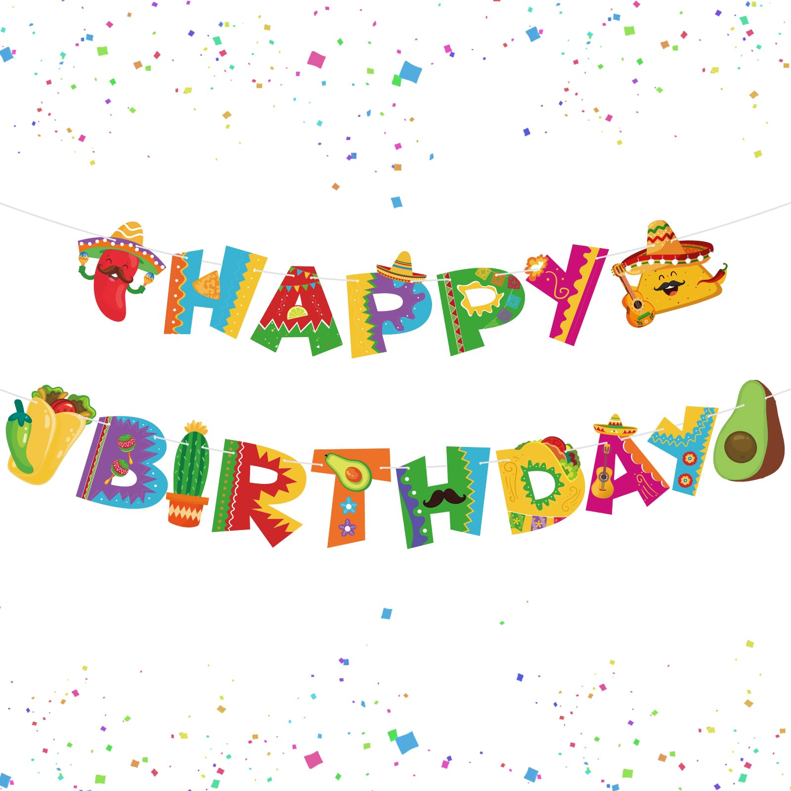 Hooqict Happy Birthday Banner Mexican Birthday Party Decorations Cinco De Mayo Party Banner Taco Garland Hanging Sign for Fiesta Party Decorations Carnival Supplies