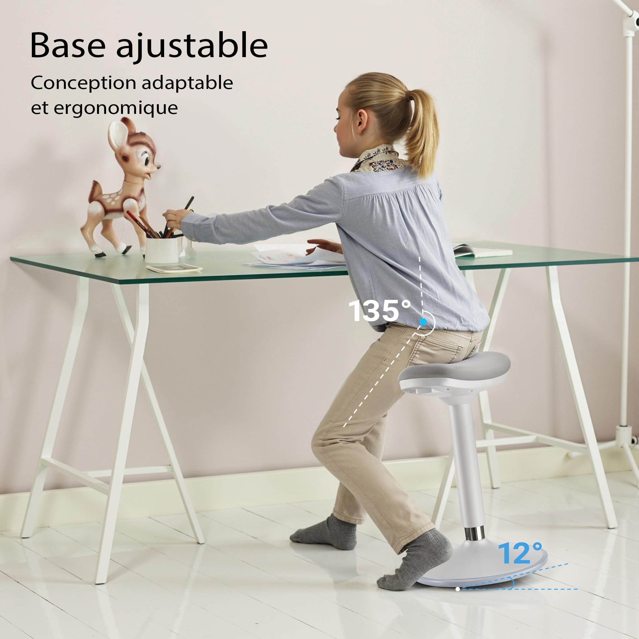 WilTec Tabouret Ergonomique Assis Debout 36x23x55-82 cm Capacité 135 kg Gris Fauteuil de Bureau Chaise Debout Assis