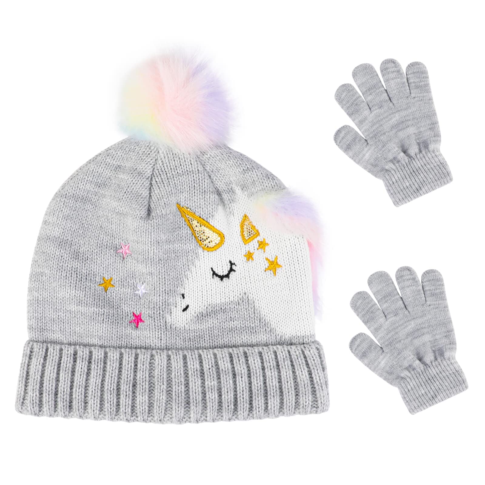 QKURT Conjunto de Guantes de Gorro de Punto para Niños, Conjunto de Guantes de Gorro de Invierno Cálido Juego de Mitones de Sombrero con Forro Térmico, patrón de Unicornio para Niños de 3 a 5 años