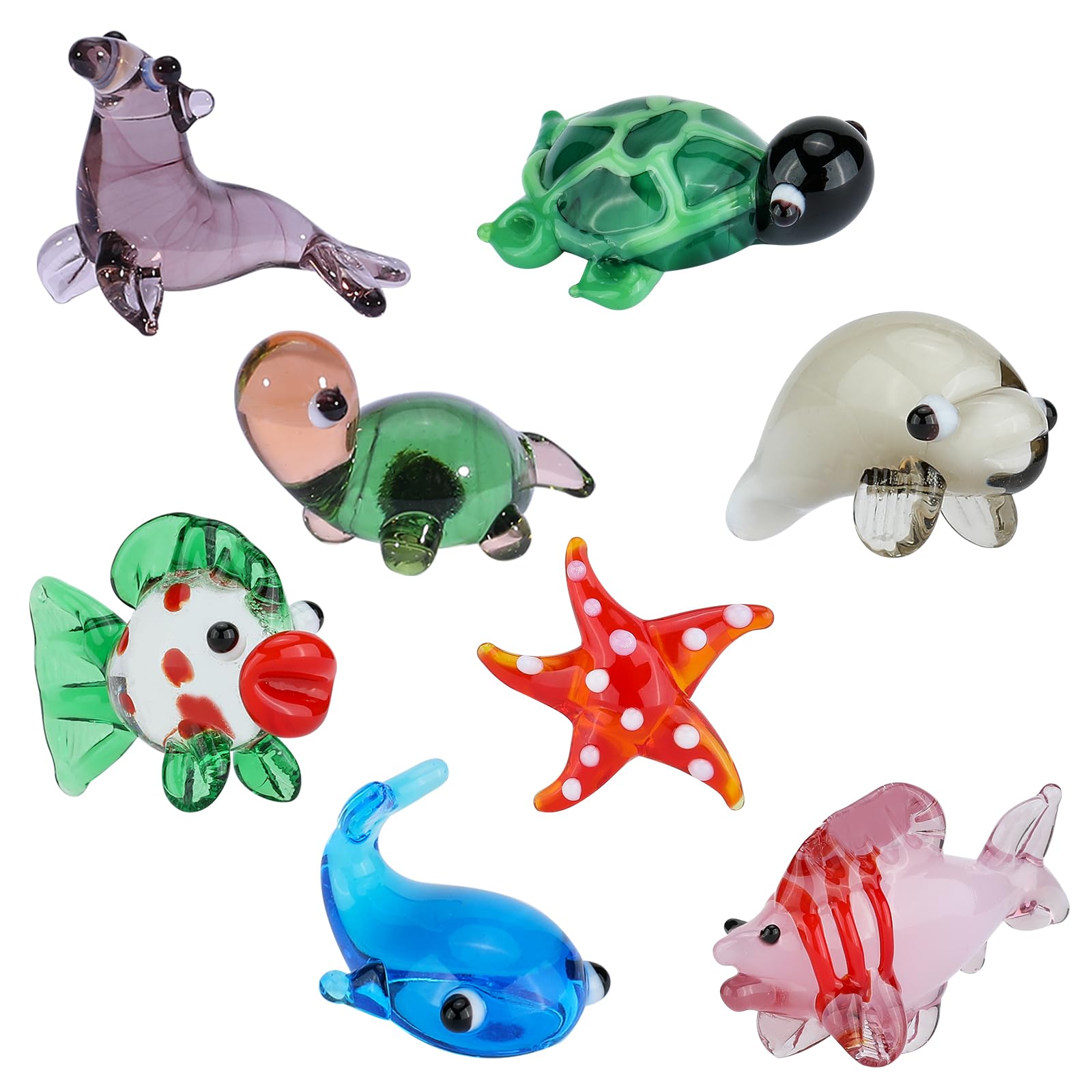 8 Pcs Tiny Glass Animals Blown Mini Glass Figurines Handmade Lampwork Animal Figurines Sets for Home Decoration Collectibles and Gifts（Marine Animals）