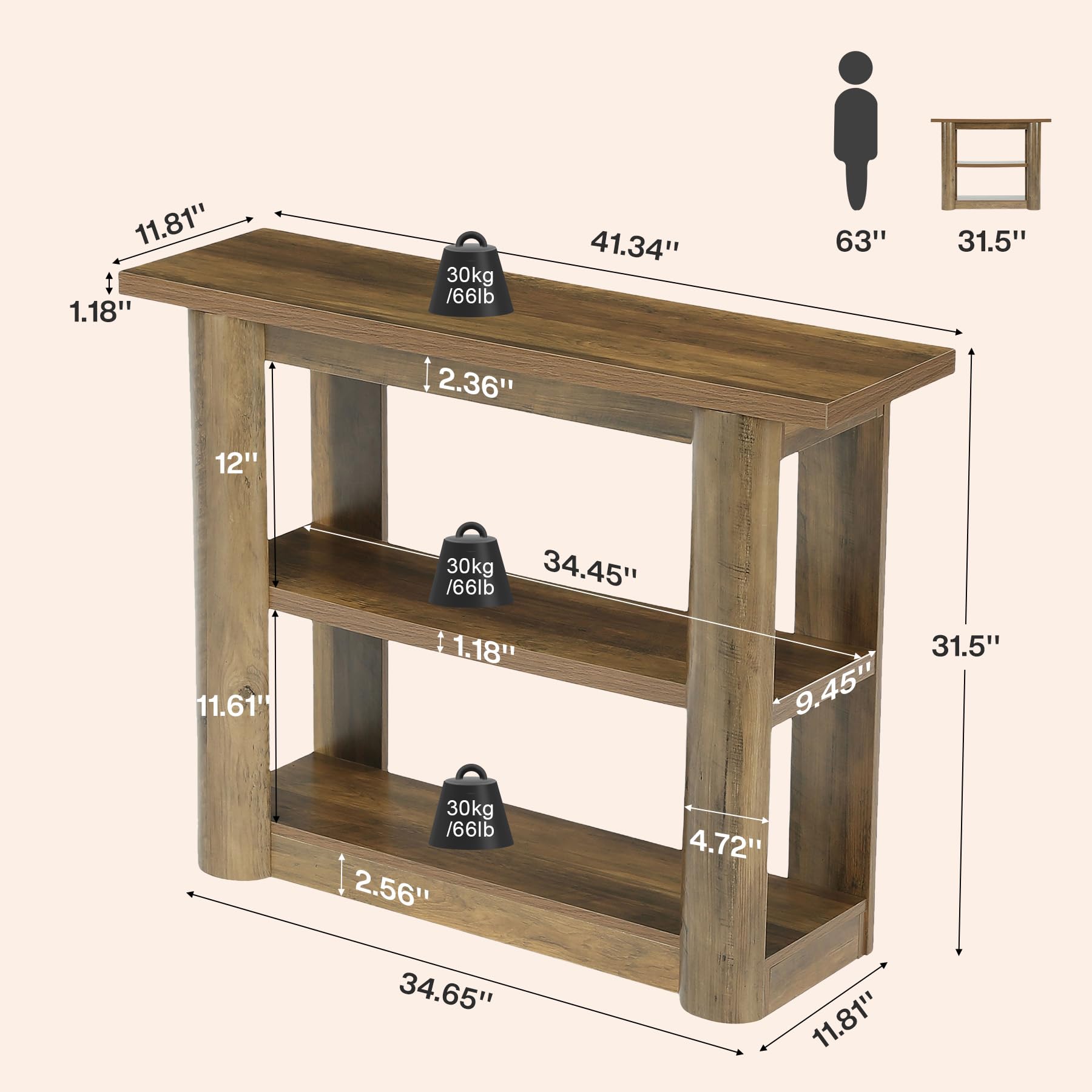 Tribesigns Konsolentisch 105cm schmal, Vintage Landhaus Flurtisch mit 3 Ebenen, Industriedesign Ablagetisch für Flur, Wohnzimmer & Eingangsbereich, platzsparender Sofatisch, Braun