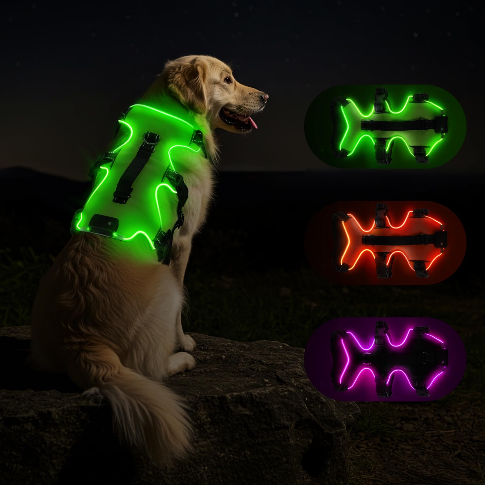 Photo 1 of Fiveda  Dog Harness LED Dog Vest - USB-C Rechargeable RGB 9-LED, Slow/Fast Rainbow Modes, Reflective No-Pull Harness with Dual D-Rings & Handle for Small to XL Dogs (Green, S)