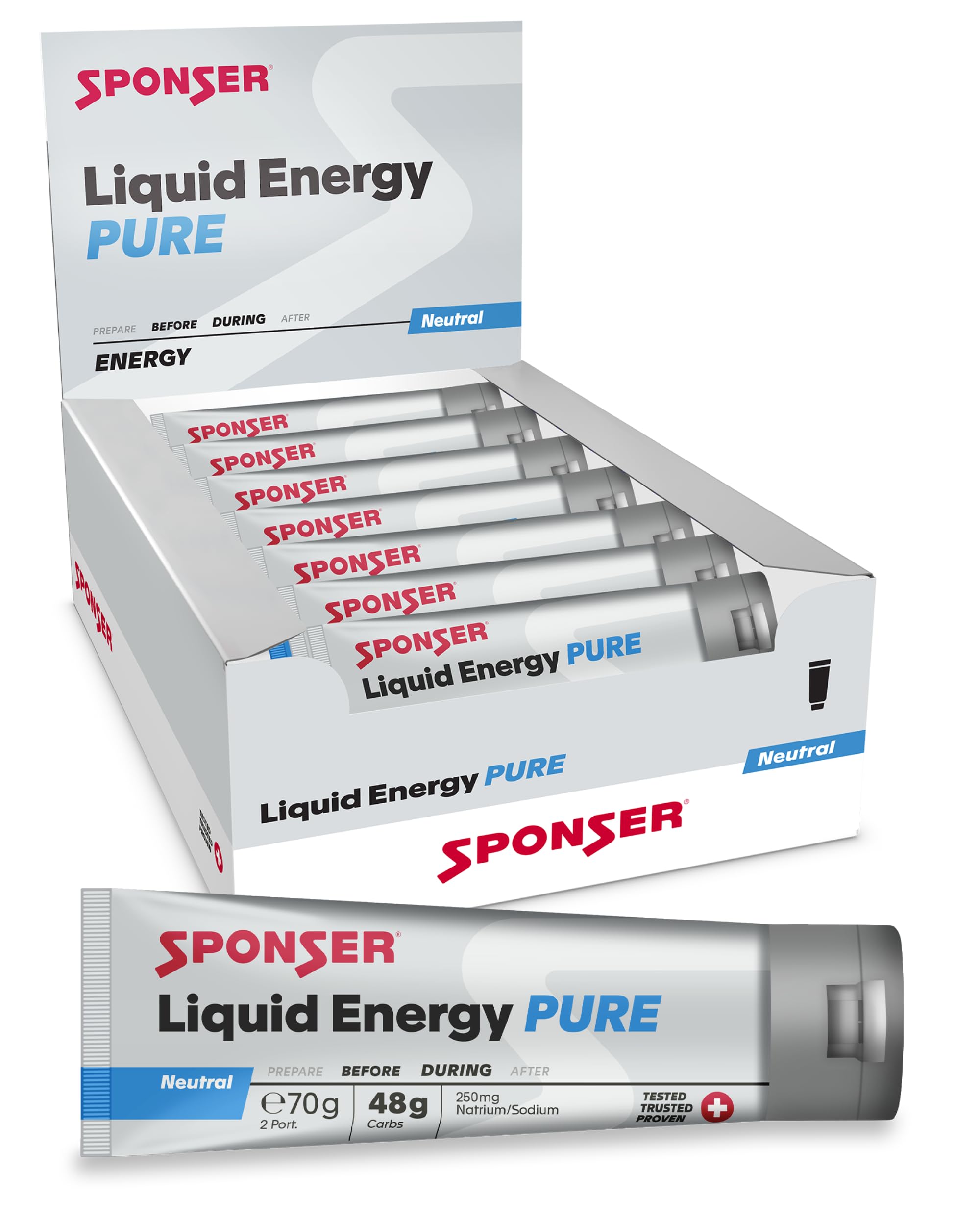 SPONSER Liquid Energy Pure - Kohlenhydrat-Gel ohne Koffein - Neutral | High Carb Energiegel für Ausdauer, Laufen, Radsport - Natrium & Kalium - Vegan, Glutenfrei & Laktosefrei - 70 g Tube