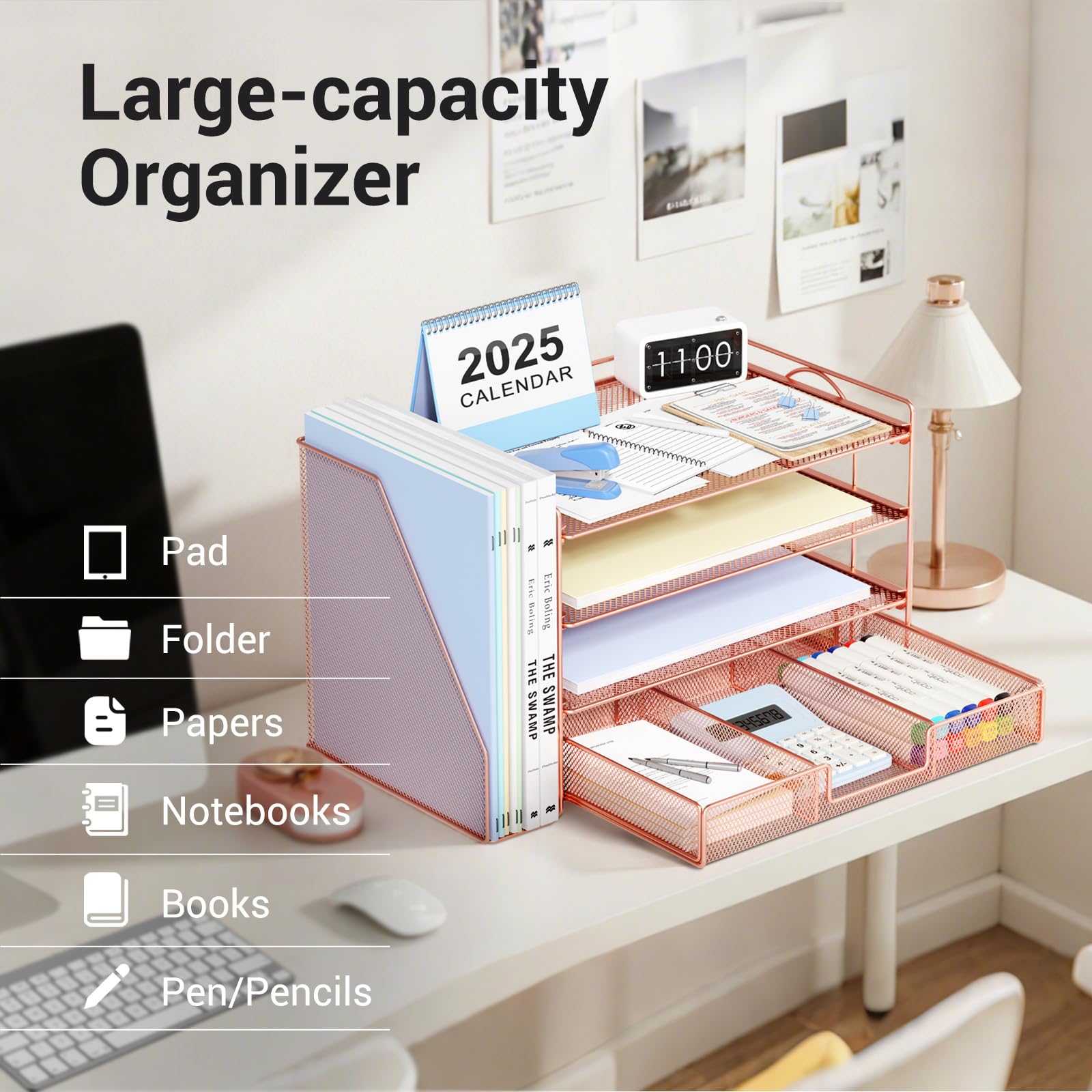 OPNICE 3-Tier Wooden Desk Organizer With Drawer - File Holder, Paper Tray, Pen Holder For Office Supplies (Gold)