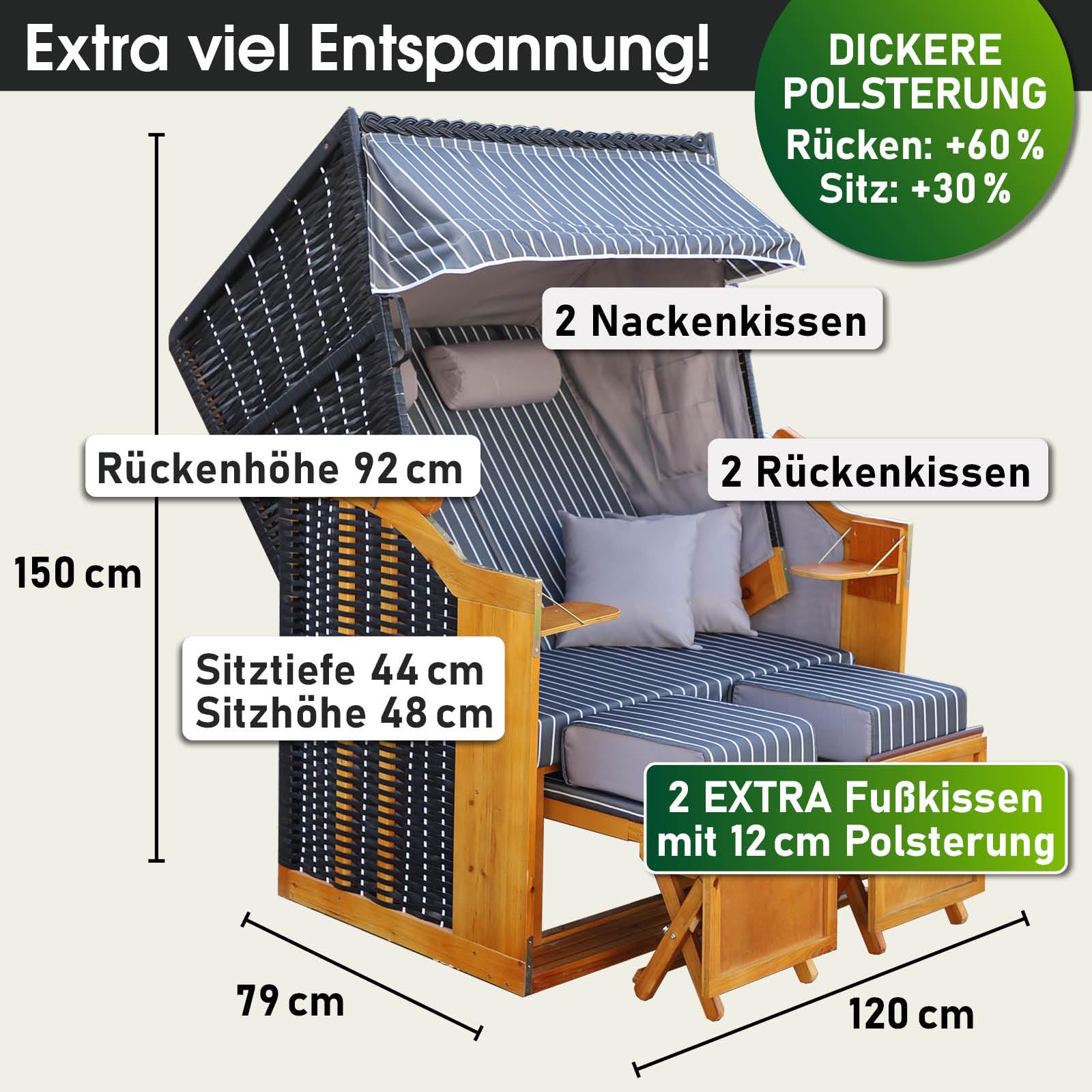 BRAST Strandkorb Rügen Deluxe | für 2 Personen | 120cm breit | 5 Designs | inkl. wetterfeste Abdeckhaube | verstellbare Rückenlehne weiches Fußkissen | Anthrazit/Weiß - Nadelstreifen