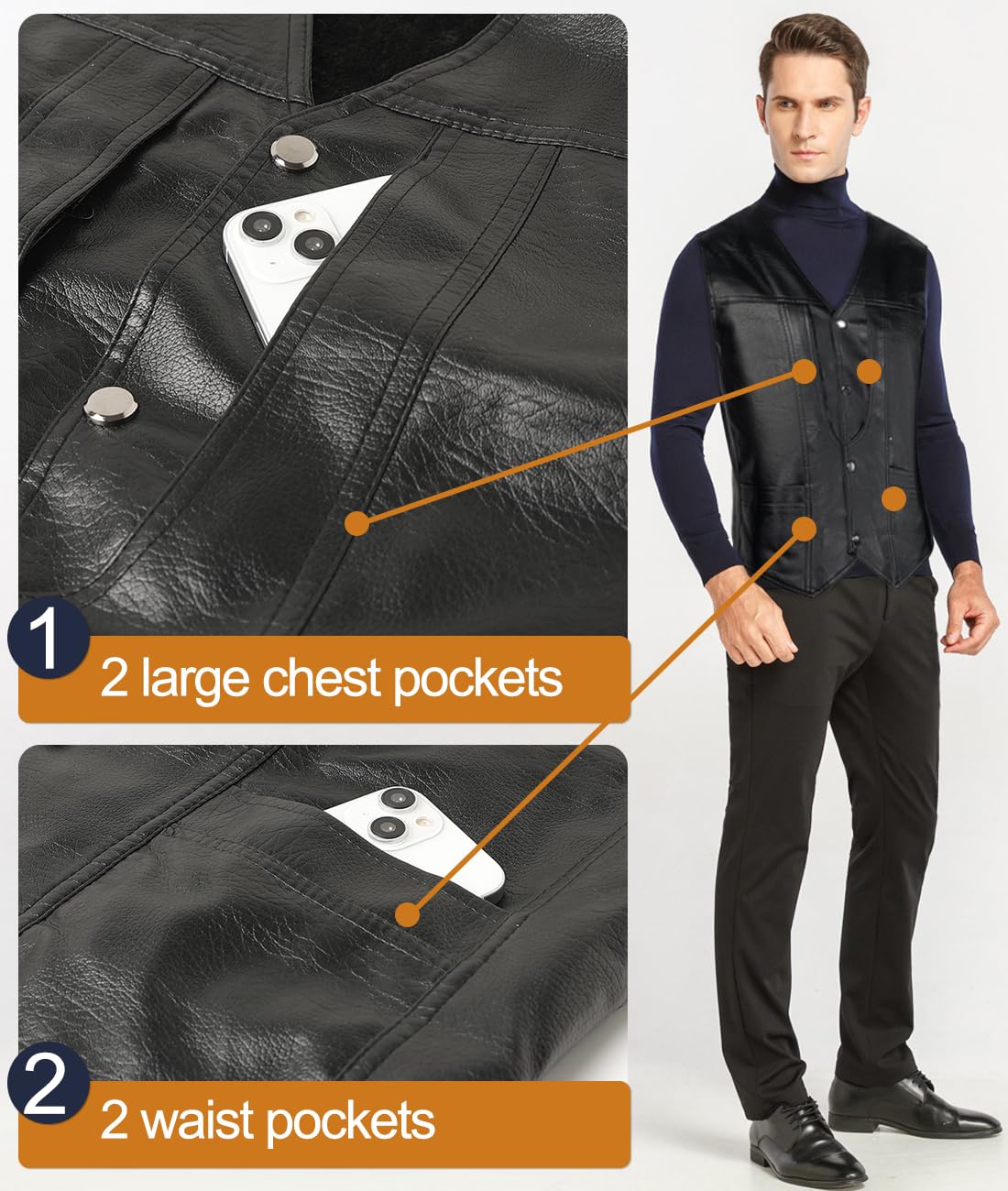 Gilet PU Pelle Uomo Moto Smanicato Giacca Pelle Invernale Motociclista Gilet Foderato in Pile Classico Nero Leatherick Gilet