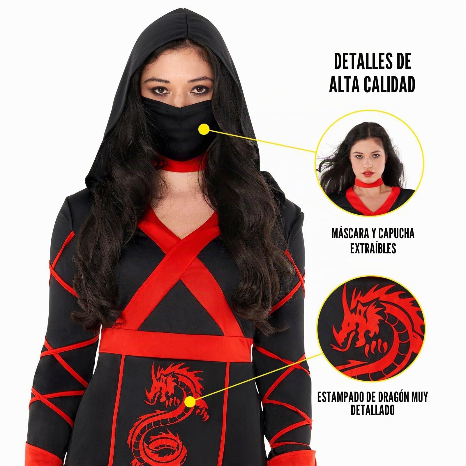 Morph Disfraz Ninja Mujer Adulto Mono Corto Estampado Dragón Rojo Capucha Gargantilla Máscara Daga Estrellas