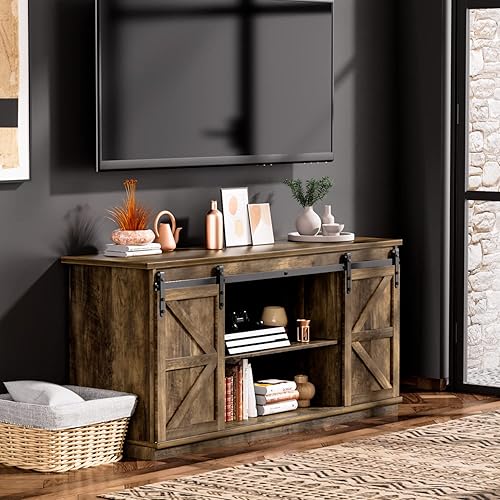 Miniatura 8 de ZPK Soporte de TV de granja para TV de 65 pulgadas, moderno soporte de televisión de mediados de siglo con puertas correderas de granero y armarios