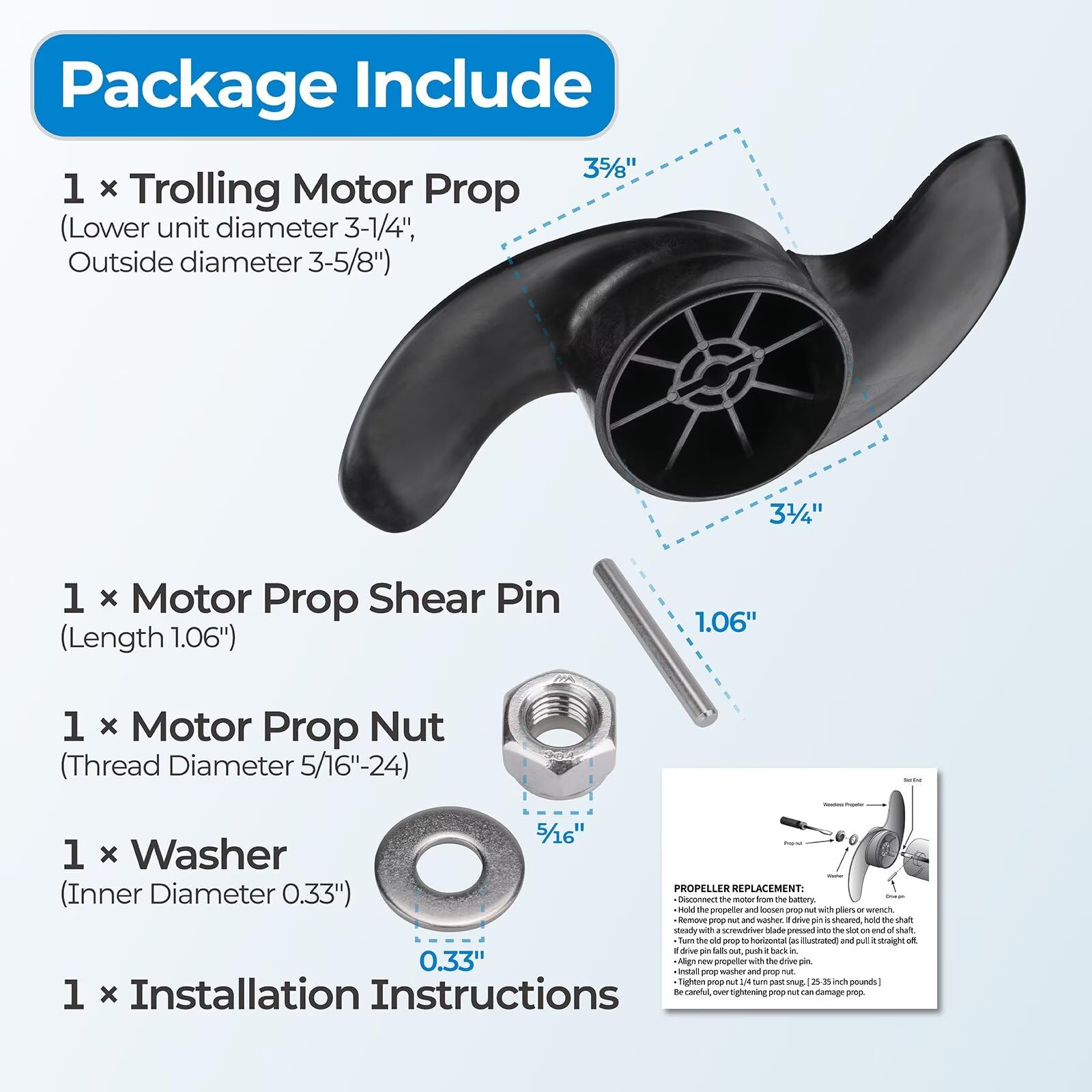MKP-32 Trolling Motor Propeller Ersatz für Minn Kota Weedless Wedge 2 Prop #1865017#2091160, Weedless Wedge Prop Fits 3-5/20.3 cm Motor Diameters, Trolling Motor Replacement Parts