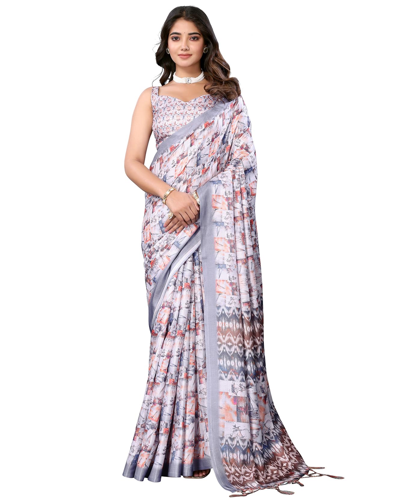 Sari indio KULIA de seda artificial multicolor y blusa ajustable premium 7