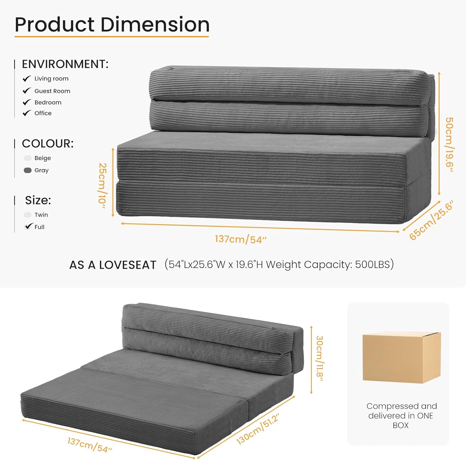 Folding Mattress, 3 in 1 Convertible Sofa Bed Fold Out Couch Bed Floor Couch Lounge Sleeper Mattress for Living Room, Guest Room (Grey, Full (Frame Included))