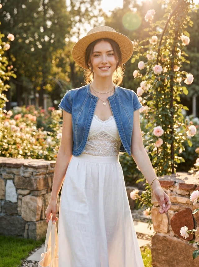cropped denim jacket with dress Upcycling a summer dress for fall with a denim jacket and boots