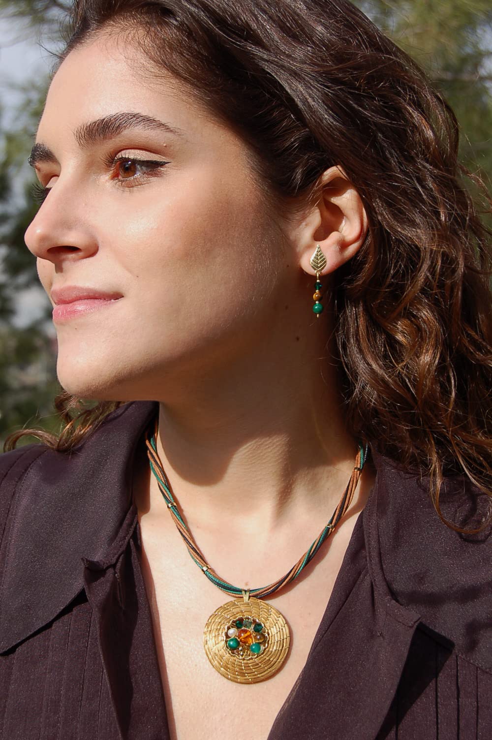 Conjunto Mandala Oro Vegetal 45 mm con Malaquita, Ojo de Tigre y Cristales