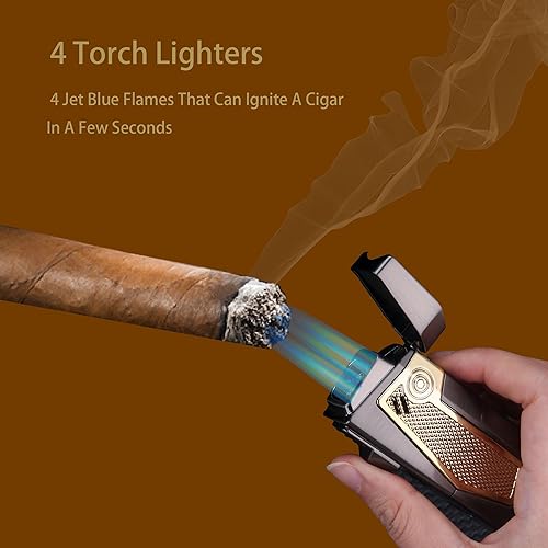 Miniatura 8 de Encendedor de puros de llama de chorro de 4 antorchas con punzón y soporte, encendedor recargable de butano a prueba de viento para fumar -