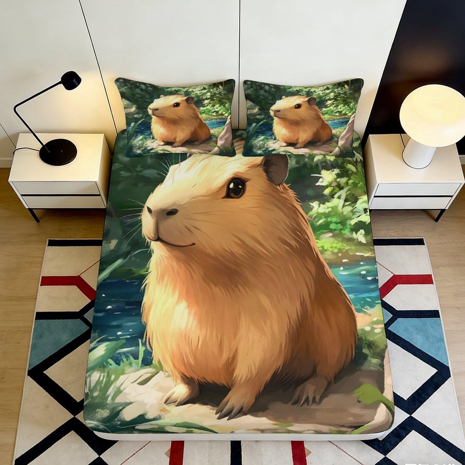 3D Printed Capybara Forest Fitted Sheet Microfiber Soft Anti-Slip River Animal Bed Cover for Bedroom Guest Room 160x200x25cm