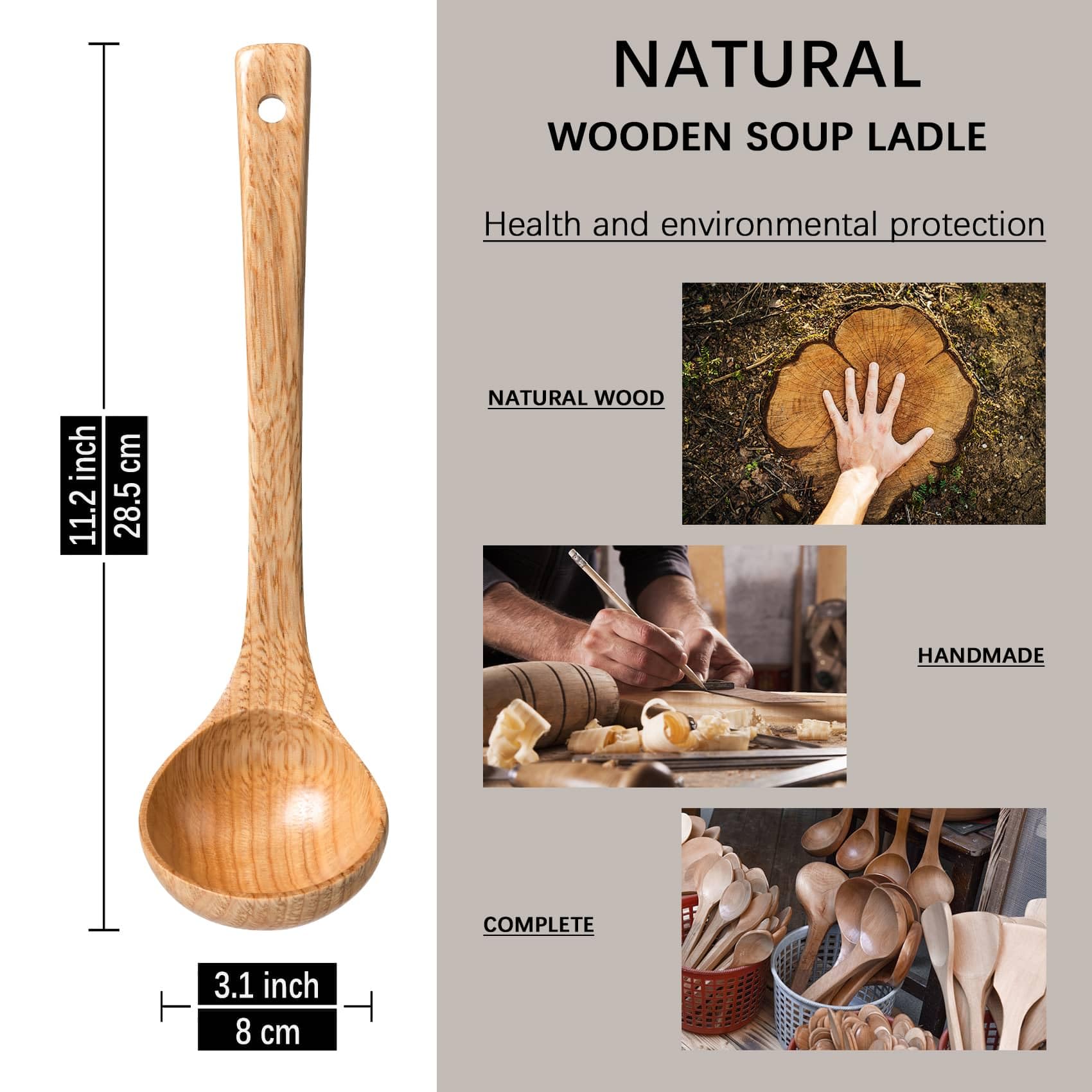 Cucharón de sopa de madera, mango largo de 2 onzas, cuchara de sopa profunda para servir y cocinar, cucharas de madera Schima para sopa, cucharón de sopa de madera, natural y sostenible