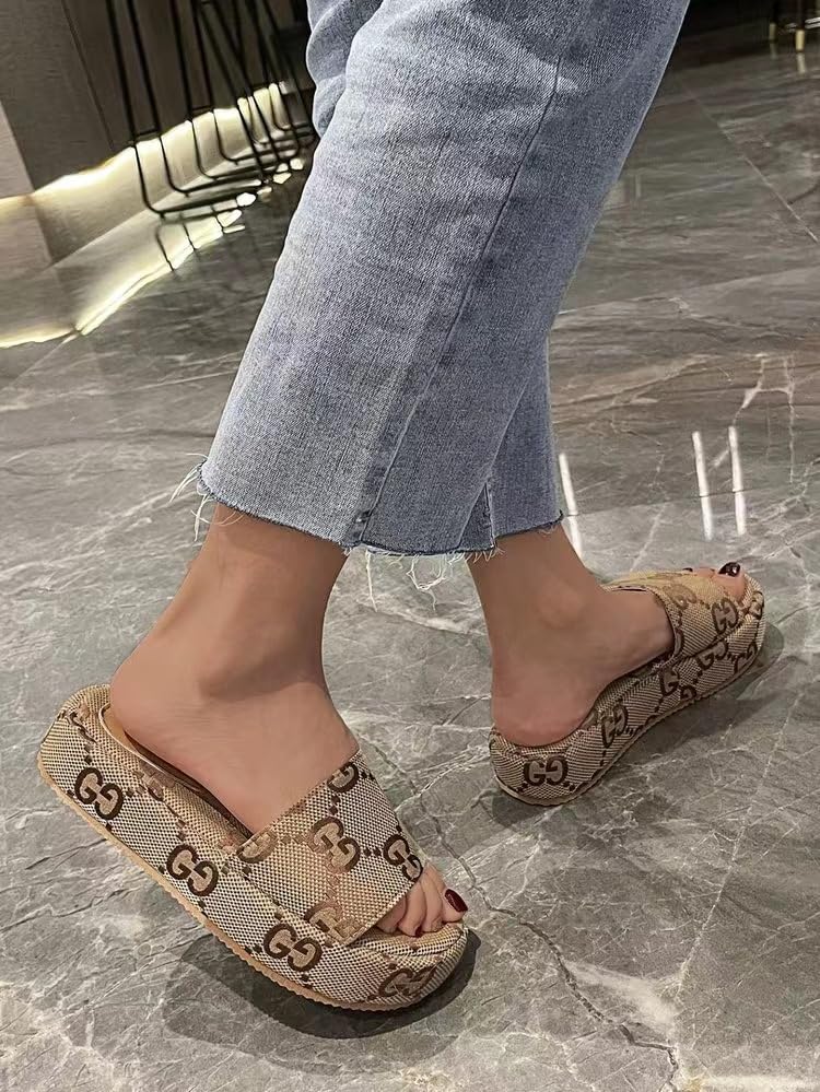 Women's Comfortable Canvas Platform Slides for Summer Beach