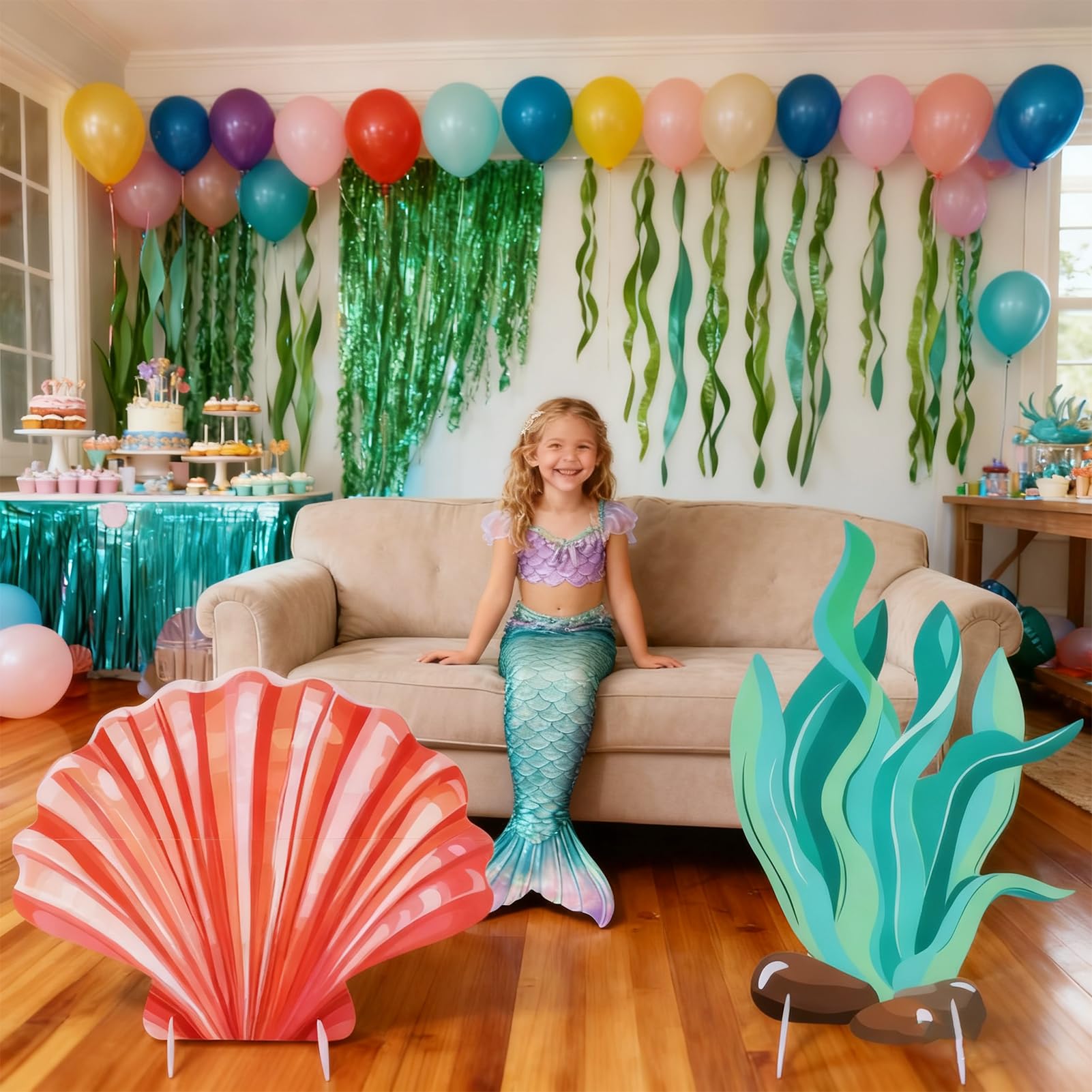 Set di 3 grandi decorazioni per feste in mare, sotto il mare, set di decorazioni per feste, coda di sirena, alghe con staffe, per feste a tema oceano, sirena, compleanno, fotografia, decorazioni
