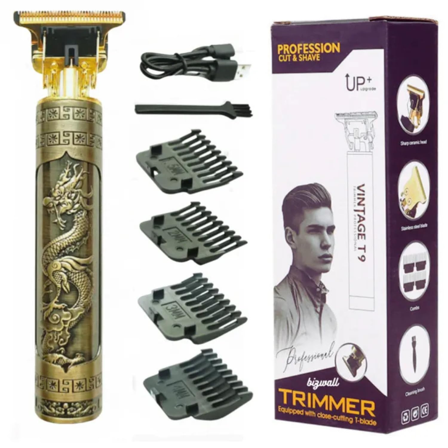 T9 Vintage Professional Hair Trimmer for Men – Golden Plastic Body | Zero Gap Beard & Hair Clipper | Cordless USB Rechargeable | 4 Guide Combs | Precision Grooming Trimmer-image-49