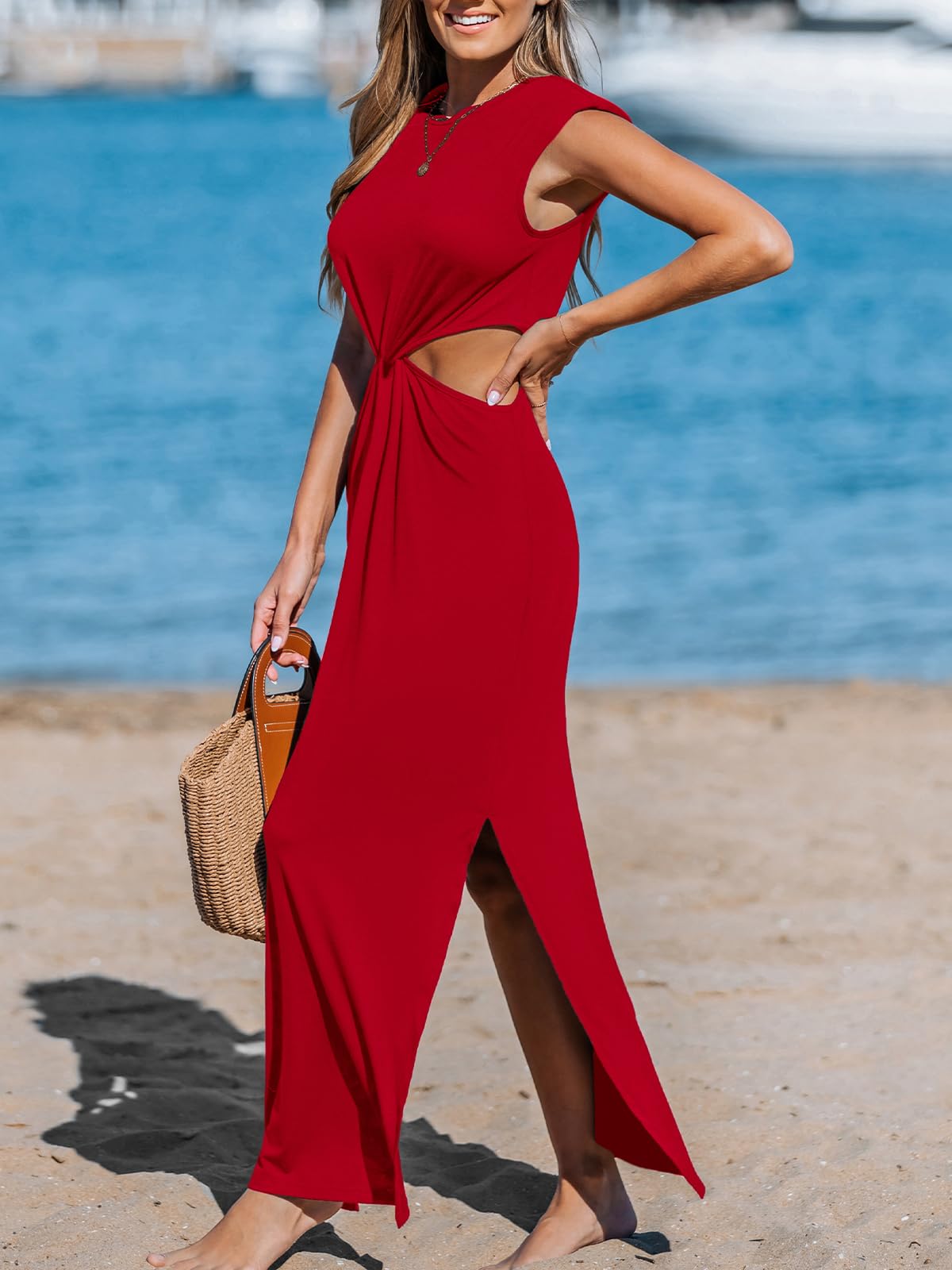 CUPSHE Robe longue d'été sans manches avec fente latérale et épaules rembourrées pour femme
