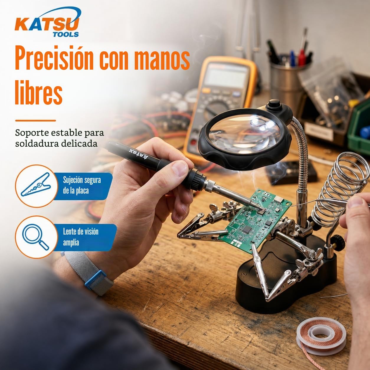 KATSU Lupa para Soldar con Lámpara LED Manos Amigas con Clips Lupa 3.5X 12X Dispositivos de Sujeción para Soldar con Pinzas de Cocodrilo para Trabajos de Reparación de Ensamblaje 990747