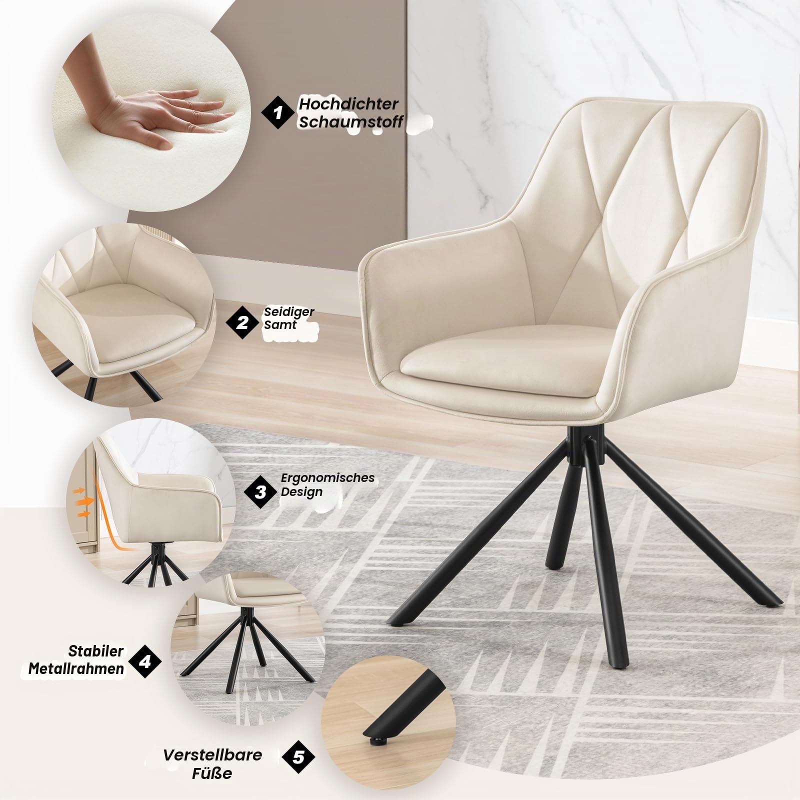 Lestarain Esszimmerstühle drehbar 2er Set, für Schlafzimmer Küche Wohnzimmer, Küchenstühle gepolstert mit Armlehnen Rückenlehne, Metallbeinen, Samt, Beige