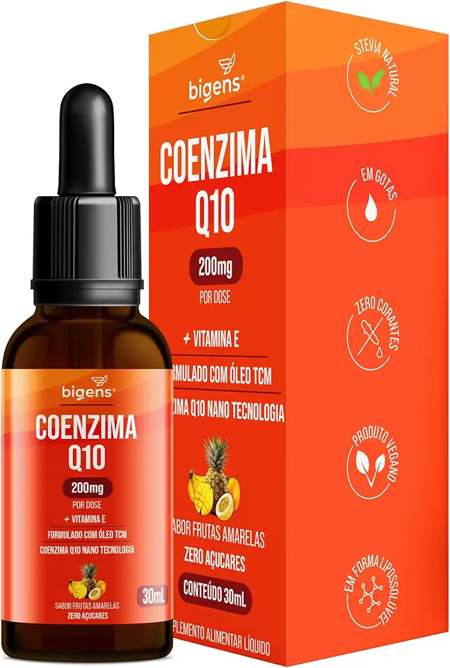 Coenzima Q10 200mg com Vitamina E e Óleo TCM, Sabor Frutas Amarelas, Zero Açúcares, Unidade 30ml Bigens. (Unidade)