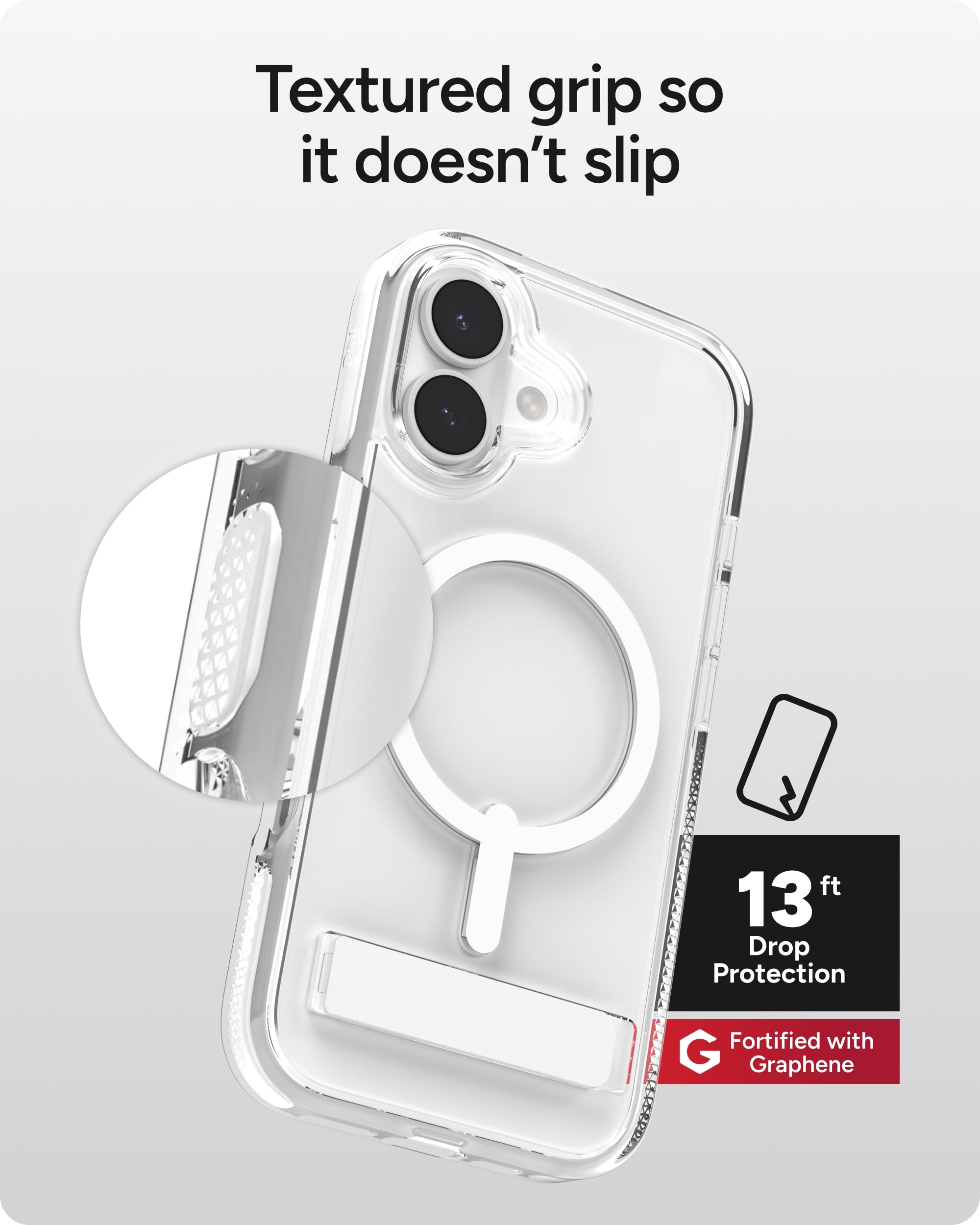 Zagg Santa Cruz Schnapp-Schutzhülle mit Ständer für iPhone 17, transparent, Fallschutz (4 m), MagSafe-Ladekompatibel, ClearGuard-Anti-Vergilbungstechnologie, Kratzfeste Hülle, weiß