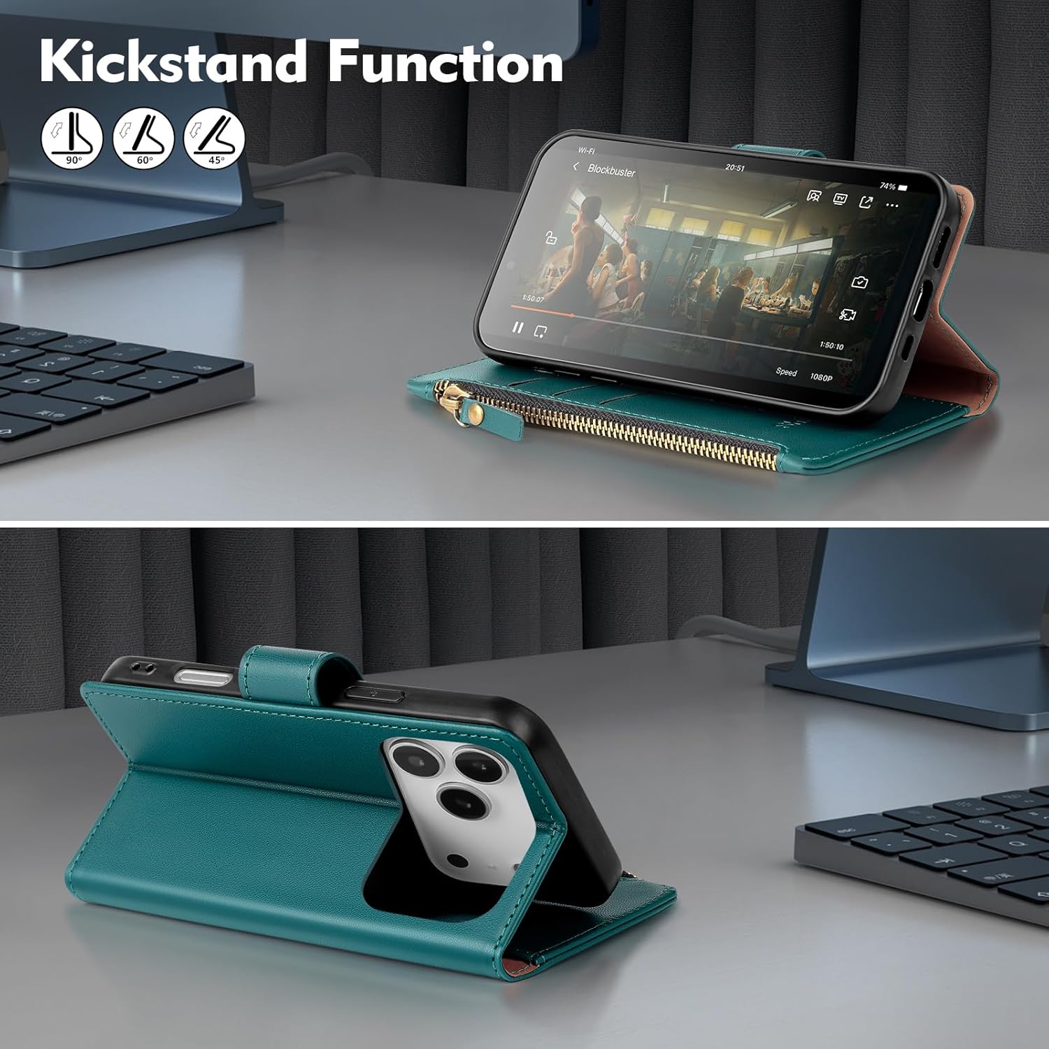 Compatible with iPhone 17 Pro Max Wallet Case with Card Holder,Women Men RFID Blocking PU Leather Flip Cover Wrist Strap Zipper Credit Card Slots,Phone Case for Apple 17 Pro Max,Blue Green - Image 6