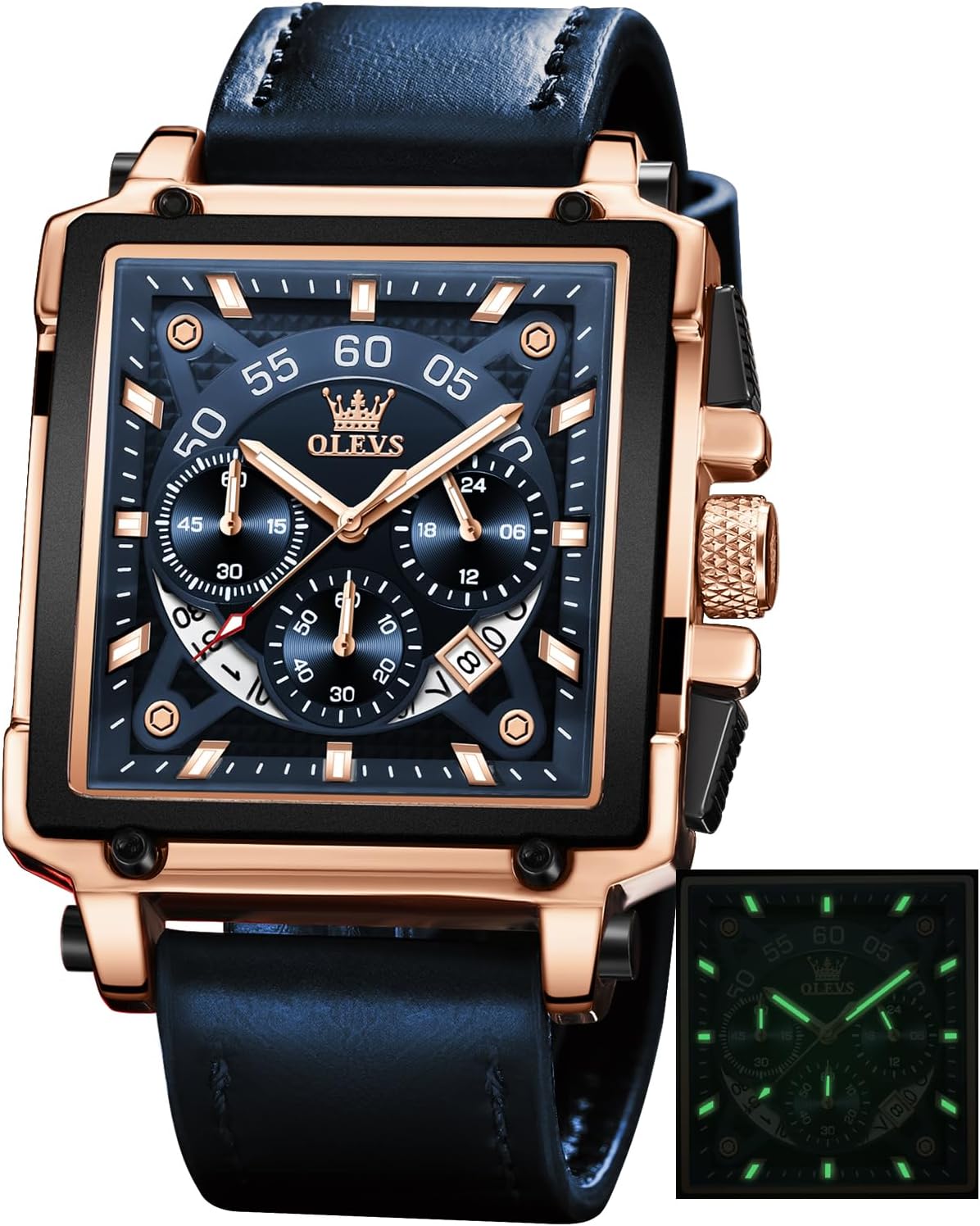 OLEVSSquare Watches for Men Leather Multifunctional Chronograph Fashion Business Dress Analog Quartz Wrist Watches Luminous Waterproof