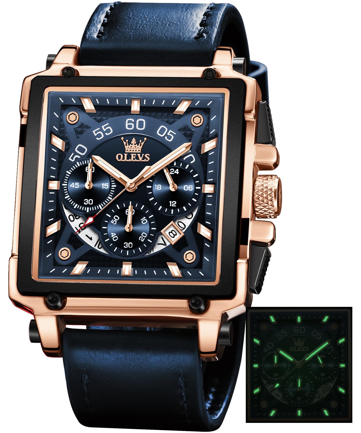 OLEVSSquare Watches for Men Leather Multifunctional Chronograph Fashion Business Dress Analog Quartz Wrist Watches Luminous Waterproof