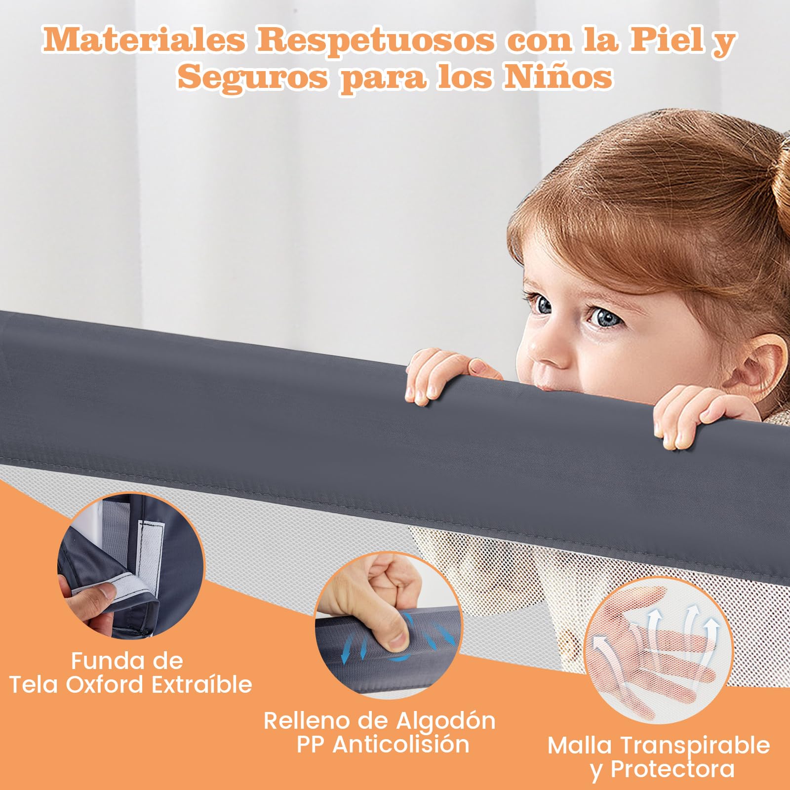 COSTWAY Riel de Cama Plegable Barandilla para la Cama Protección para Bebé Barrera de Cama para Cama Individual/Cama Matrimonial (120x42cm, Gris)