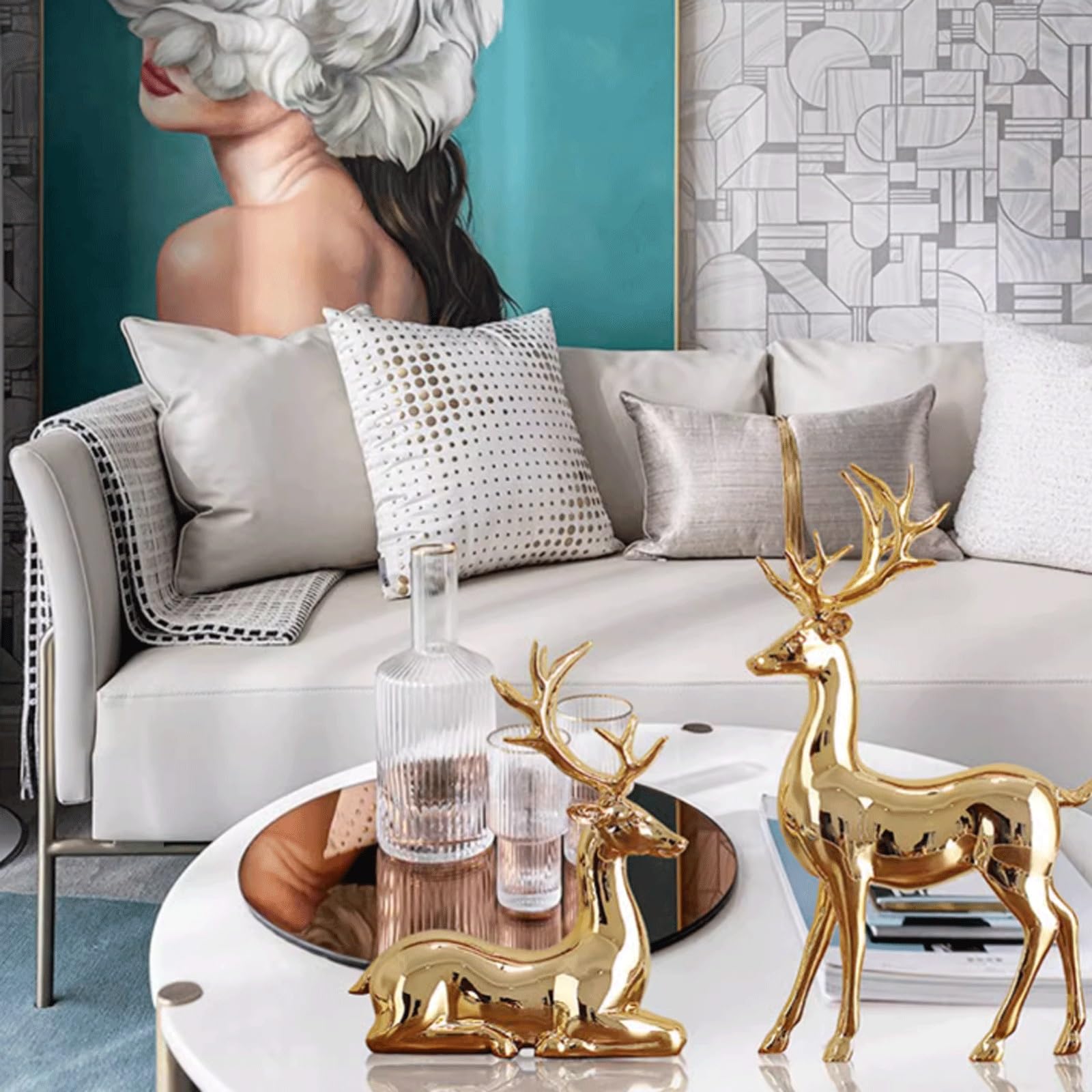 Wystrój Statuy Dwuczęściowy zestaw dekoracji szafki RTV Elk, lekki luksusowy wystrój domu, proces galwanizacji salonu, dekoracja na wino Figurka artystyczna(Rose gold)