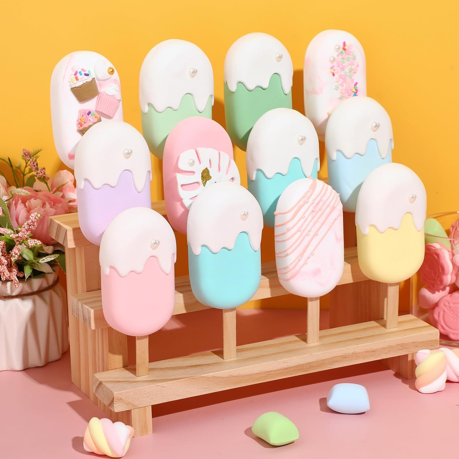 Bokon 2 Pcs Cakesicle Stand Wood Lollipop Holder Display 3 Tier Candy Sticks Holder 12 Holes Wooden Rectangle Cakesicle Shelf for Wedding Birthday Party Baby Shower 4 mm Lollipop Stick (Wood Color)