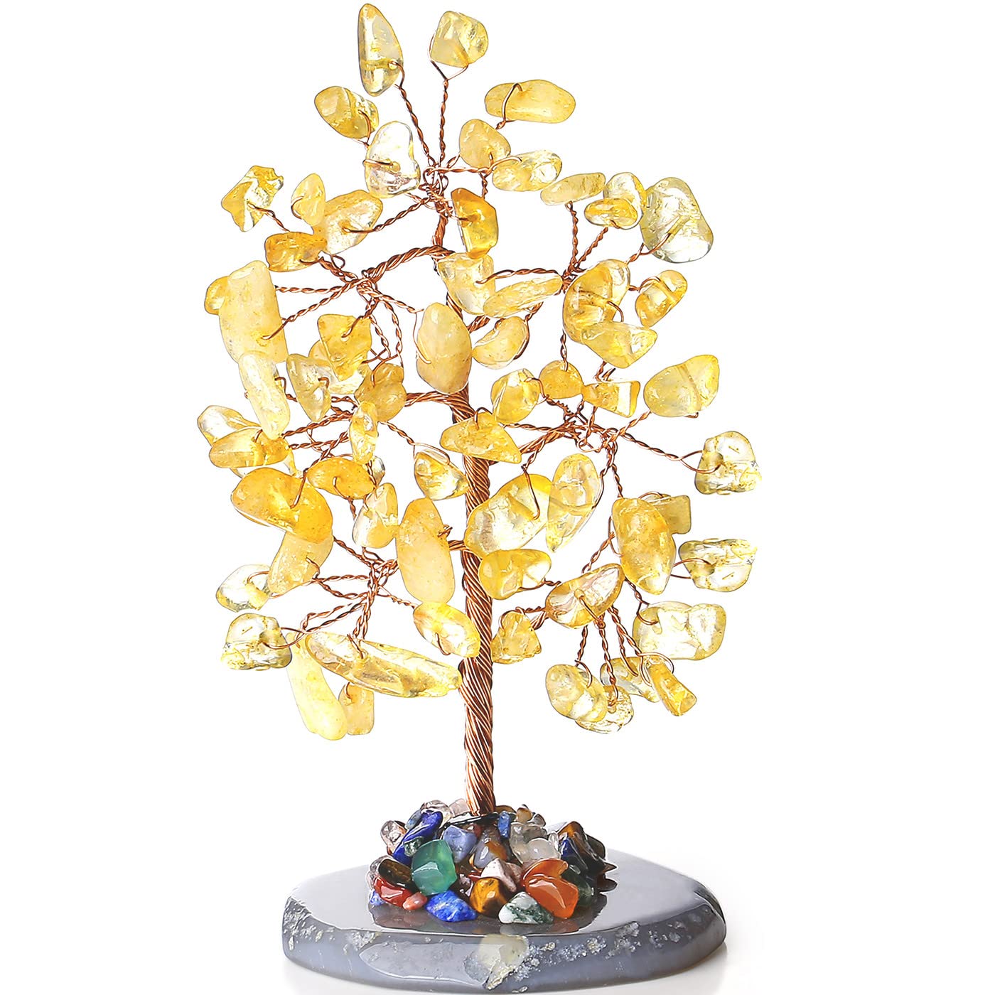Yellow Citrine Crystal Tree with Natural Agate Slices Base - Luck Tree of Life Attract Feng Shui Positive Energy Gemstone Home Decor Spiritual Gift