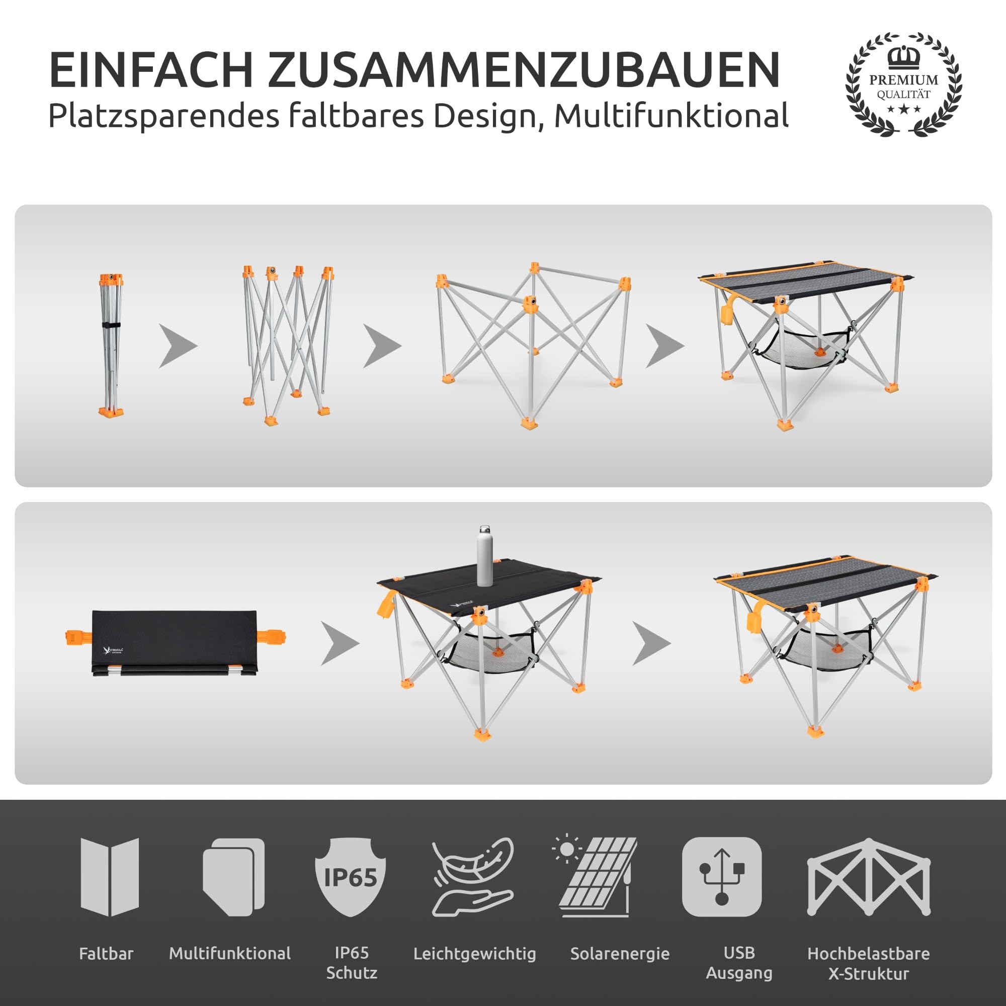 Solar Campingtisch faltbar klein leicht I 33W Solarpanel USB und Klapptisch I Outdoor Ausrüstung Ultraleicht I Solar Ladegerät für Handy I Camping Zubehör