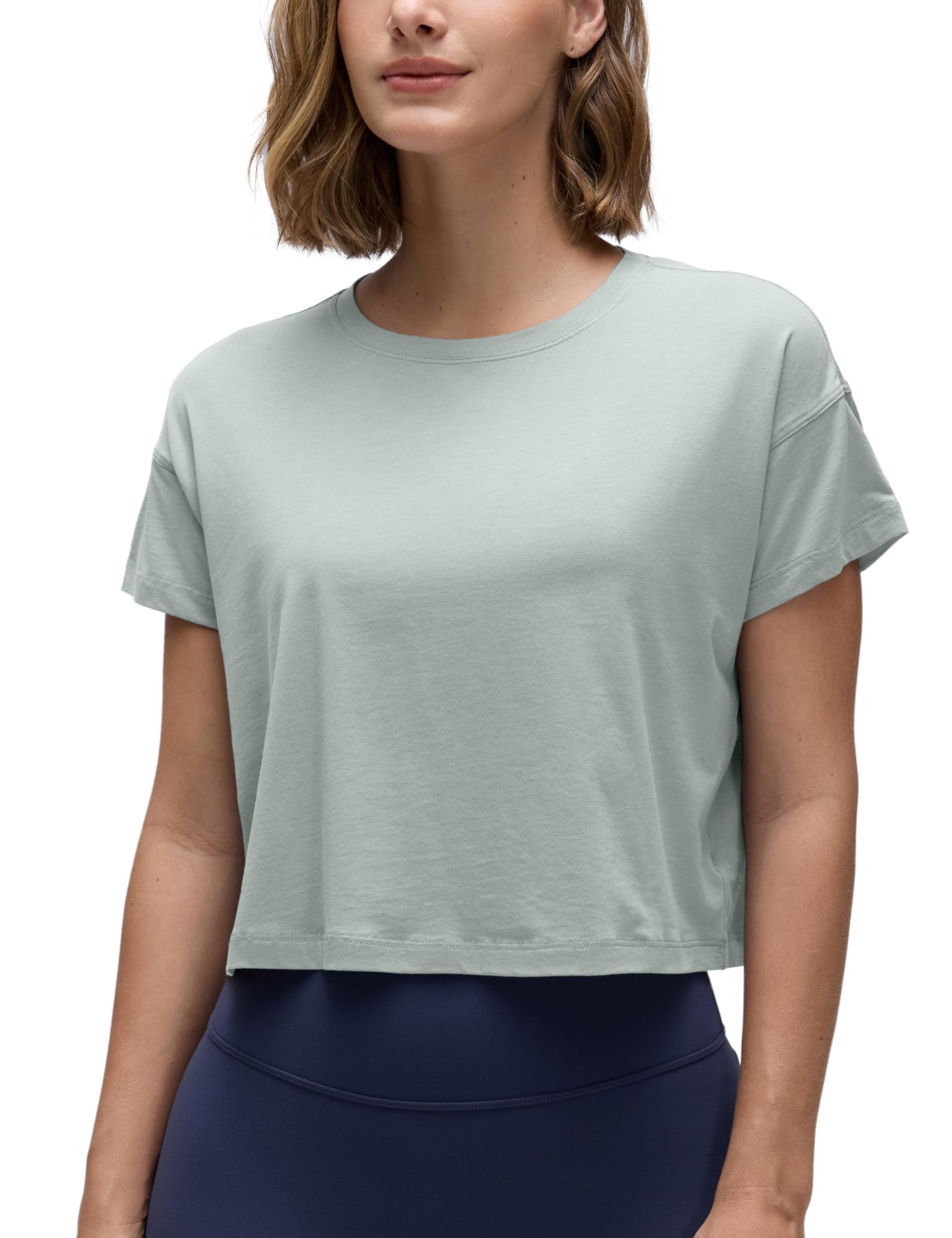 CRZ YOGA Women's Pima Cotton Workout Short Sleeve Shirts Loose Athletic Crop Tops Gym Casual Cropped T-Shirt — view 6